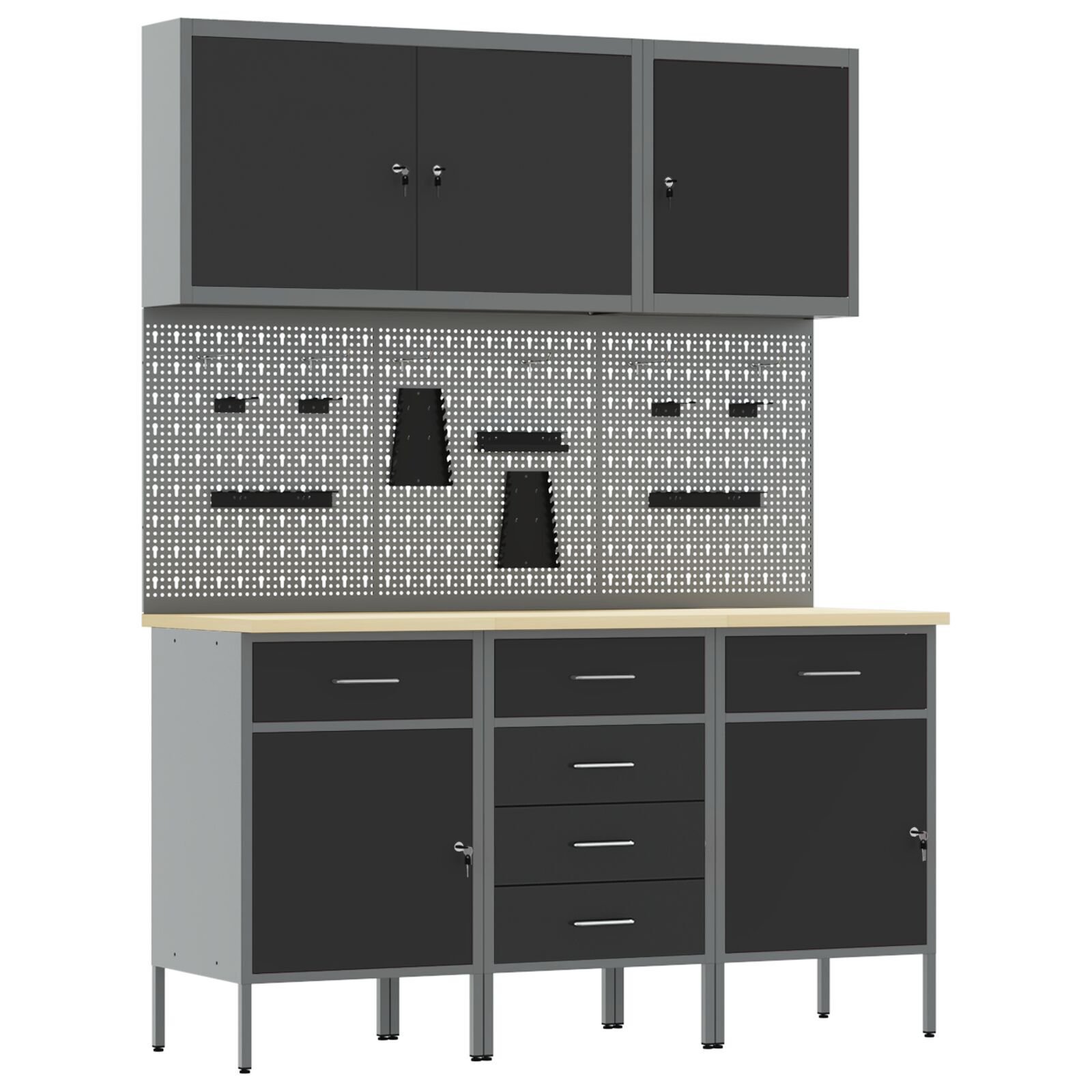 vidaXL Set dulap lucru & panou cârlige, 8 piese, negru, MDF & metal vidaXL Set dulap lucru & panou cârlige, 8 piese, negru, MDF & metal