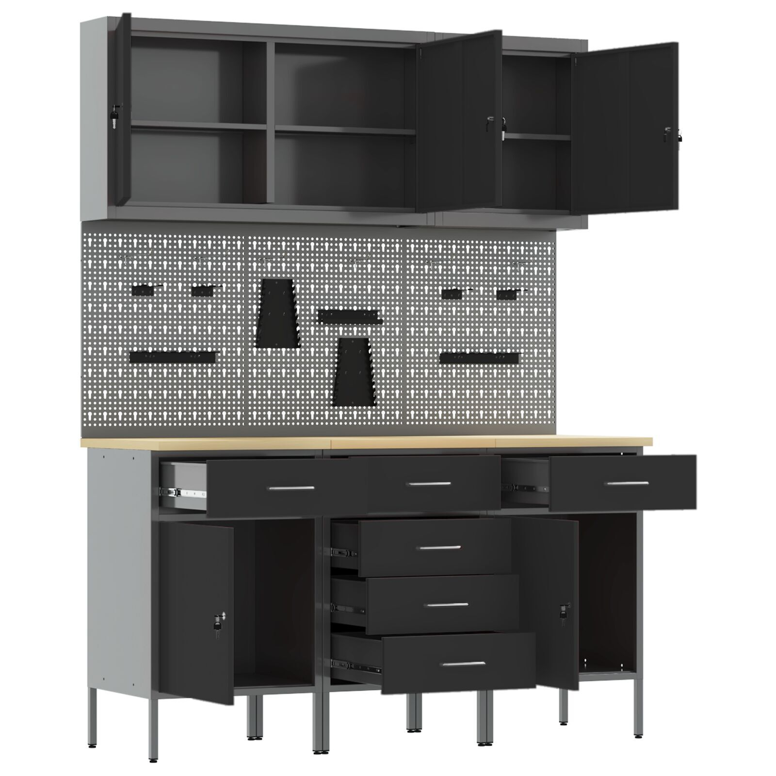 vidaXL Set dulap lucru & panou cârlige, 8 piese, negru, MDF & metal vidaXL Set dulap lucru & panou cârlige, 8 piese, negru, MDF & metal