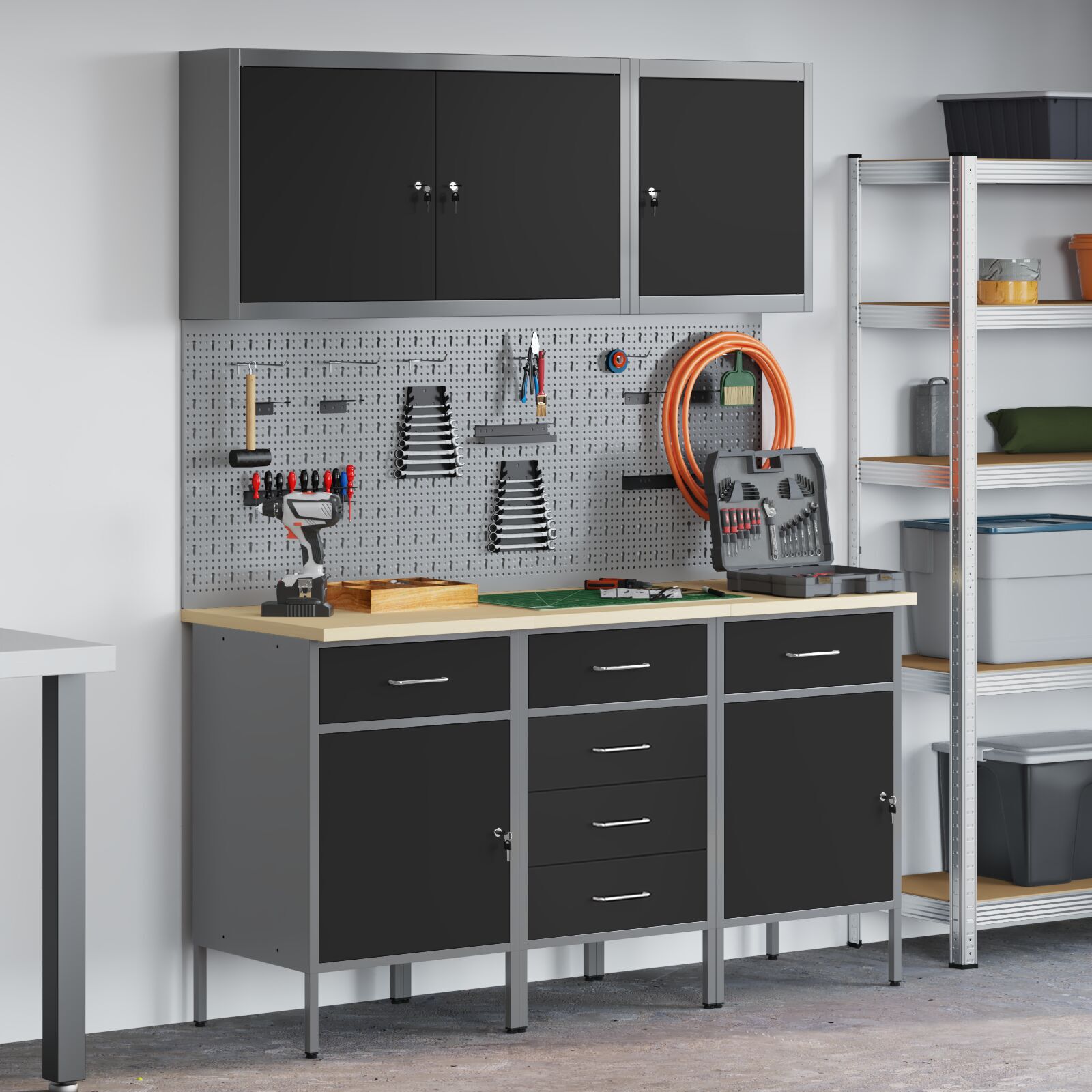 vidaXL Set dulap lucru & panou cârlige, 8 piese, negru, MDF & metal vidaXL Set dulap lucru & panou cârlige, 8 piese, negru, MDF & metal
