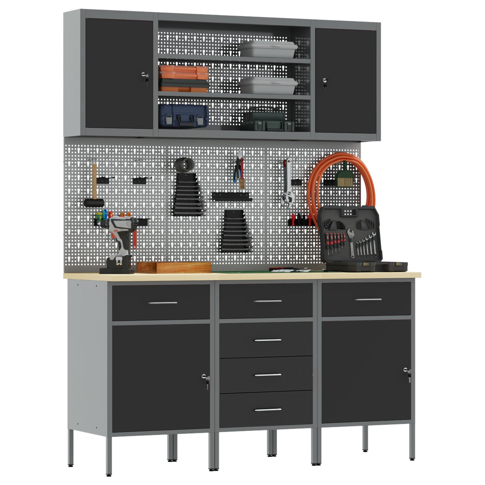 vidaXL Set banc de lucru, 7 piese, negru, oțel