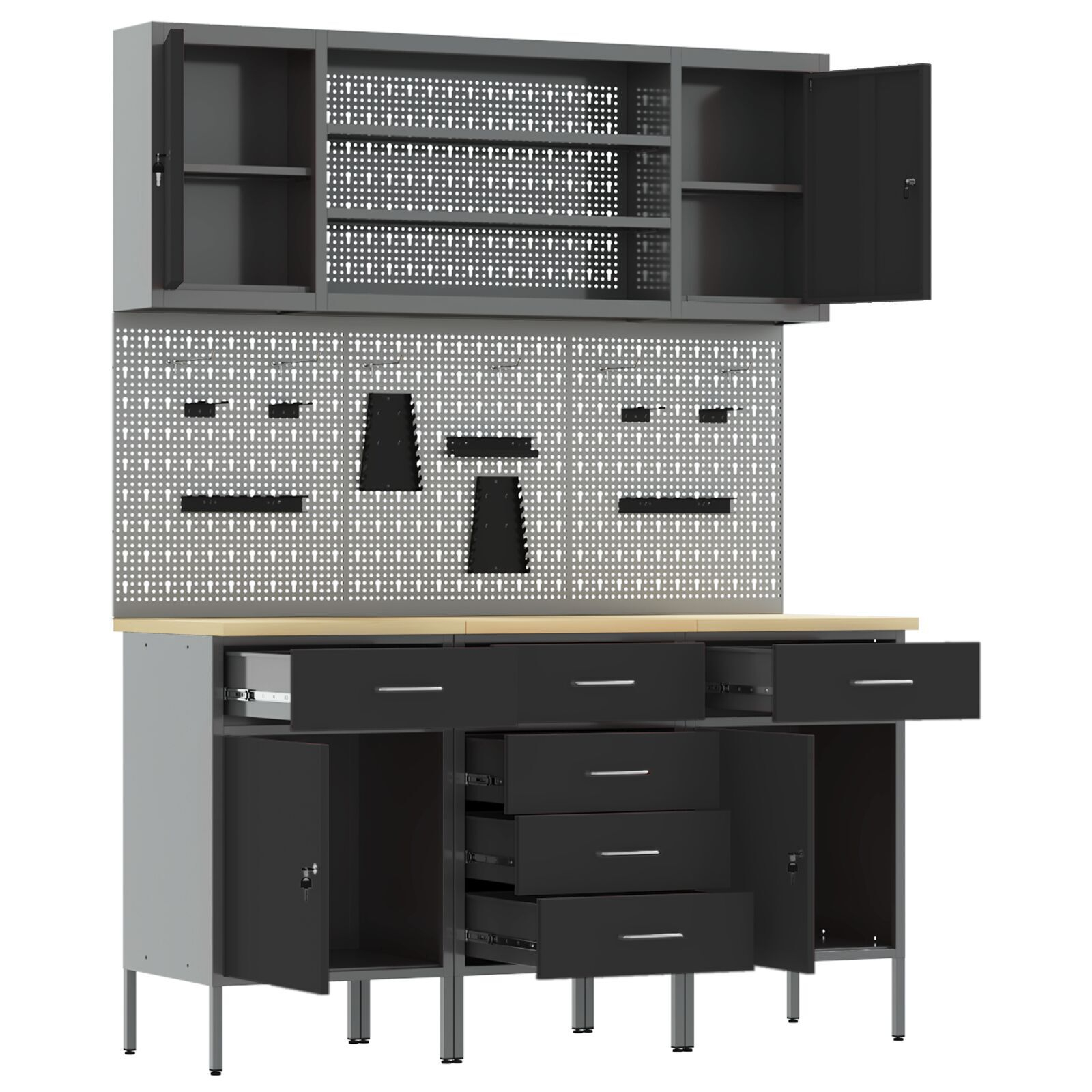 vidaXL Set banc de lucru, 7 piese, negru, oțel