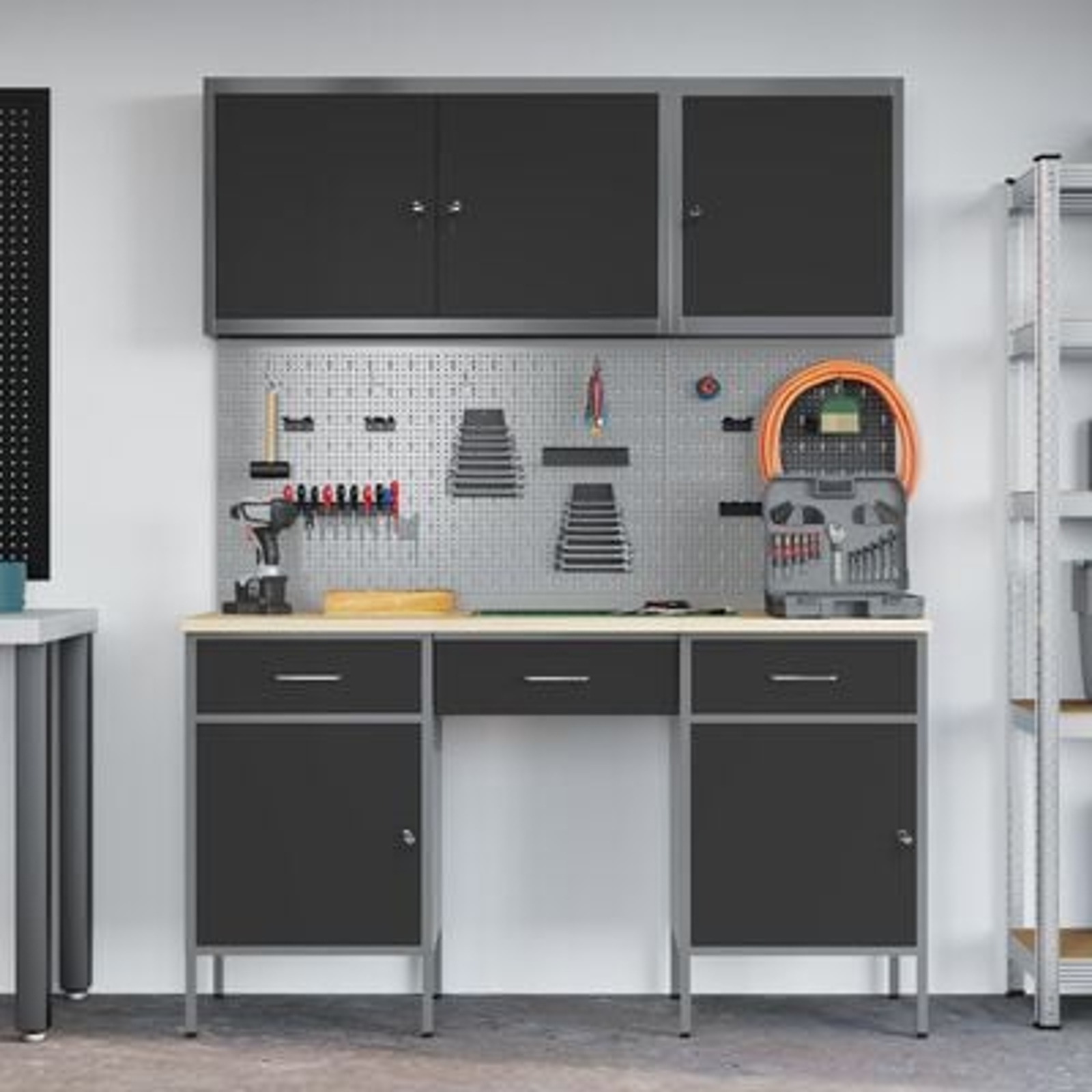 vidaXL Set banc de lucru, 8 piese, negru, oțel