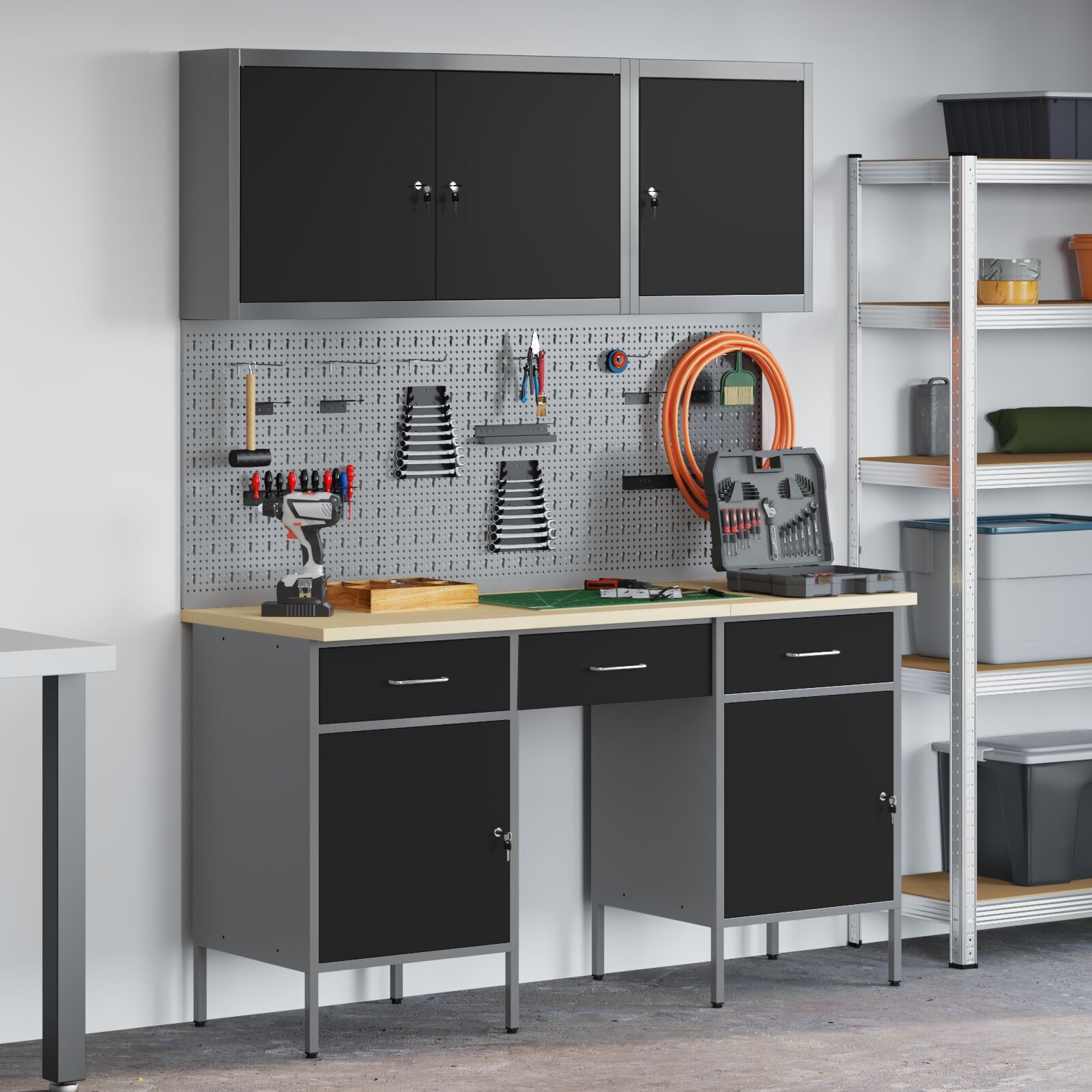 vidaXL Set banc de lucru, 8 piese, negru, oțel