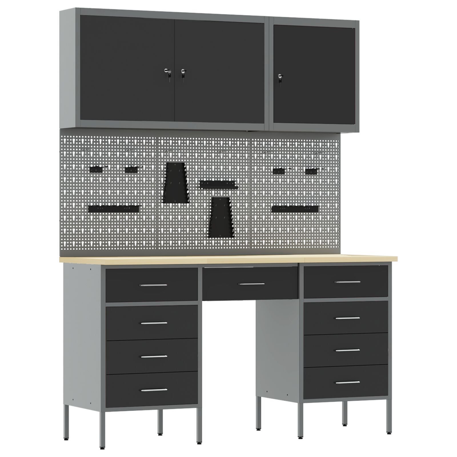 vidaXL Set dulap lucru & panou cârlige, 8 piese, negru, MDF & metal