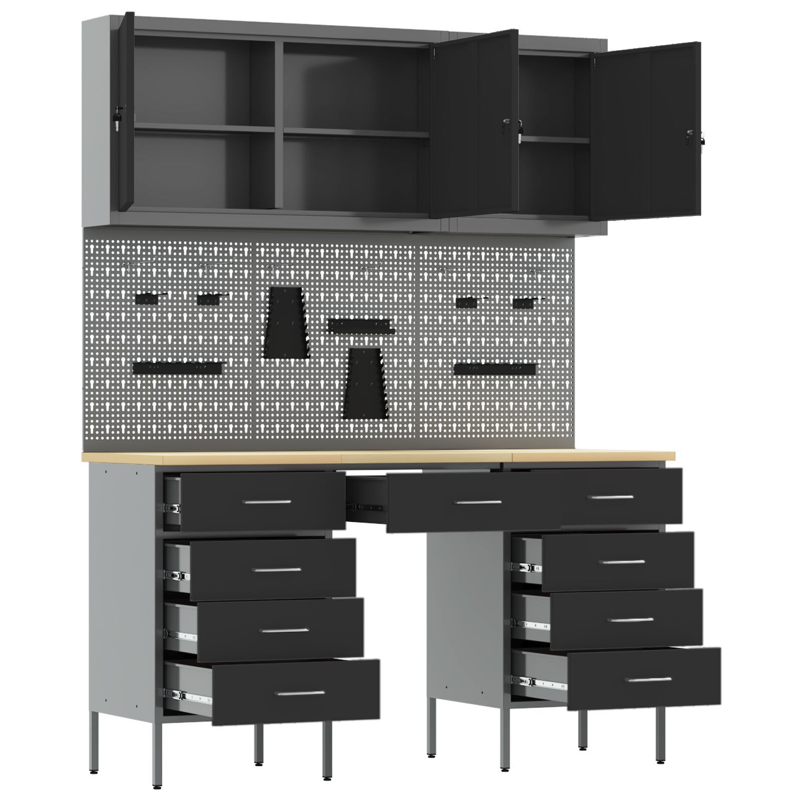 vidaXL Set dulap lucru & panou cârlige, 8 piese, negru, MDF & metal