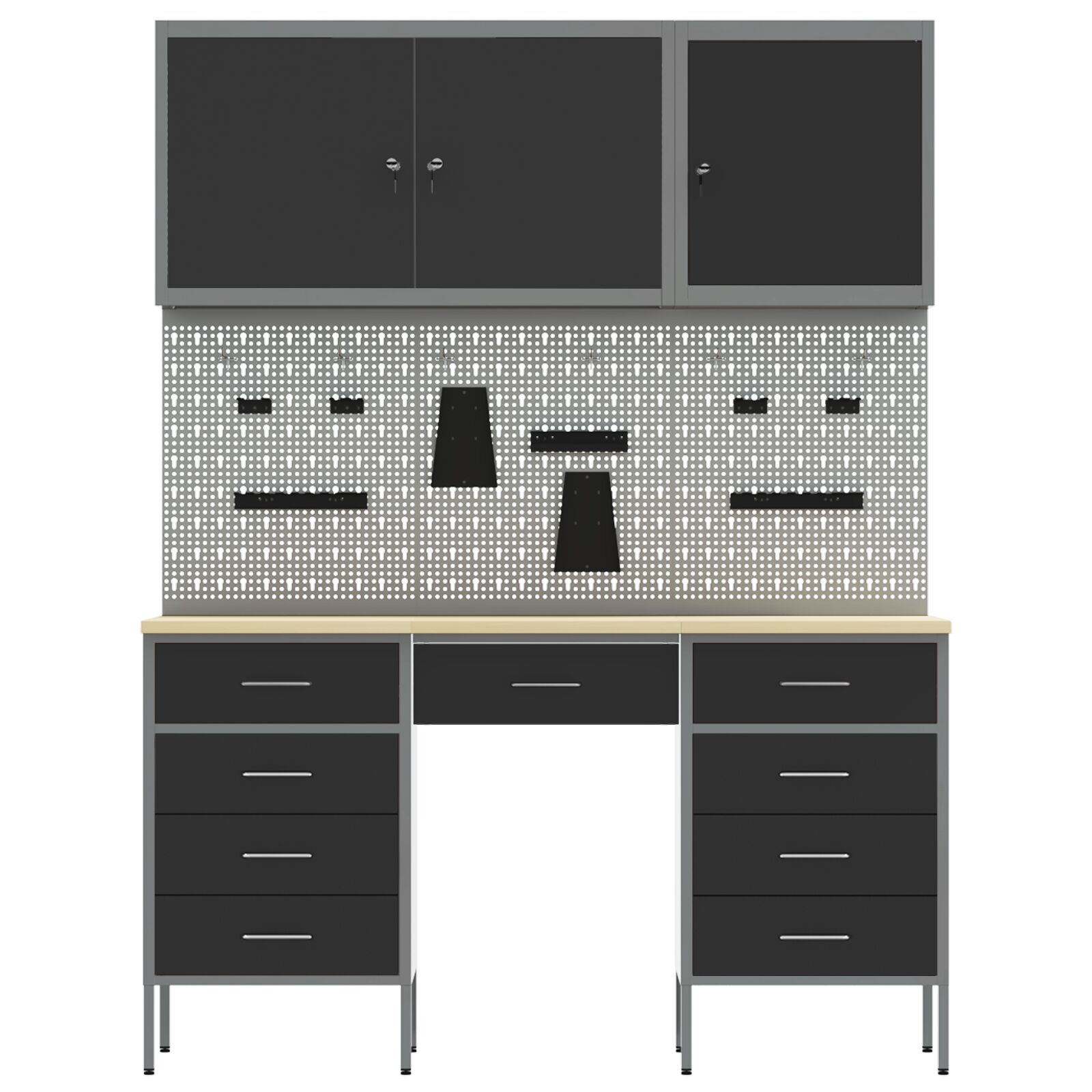 vidaXL Set dulap lucru & panou cârlige, 8 piese, negru, MDF & metal