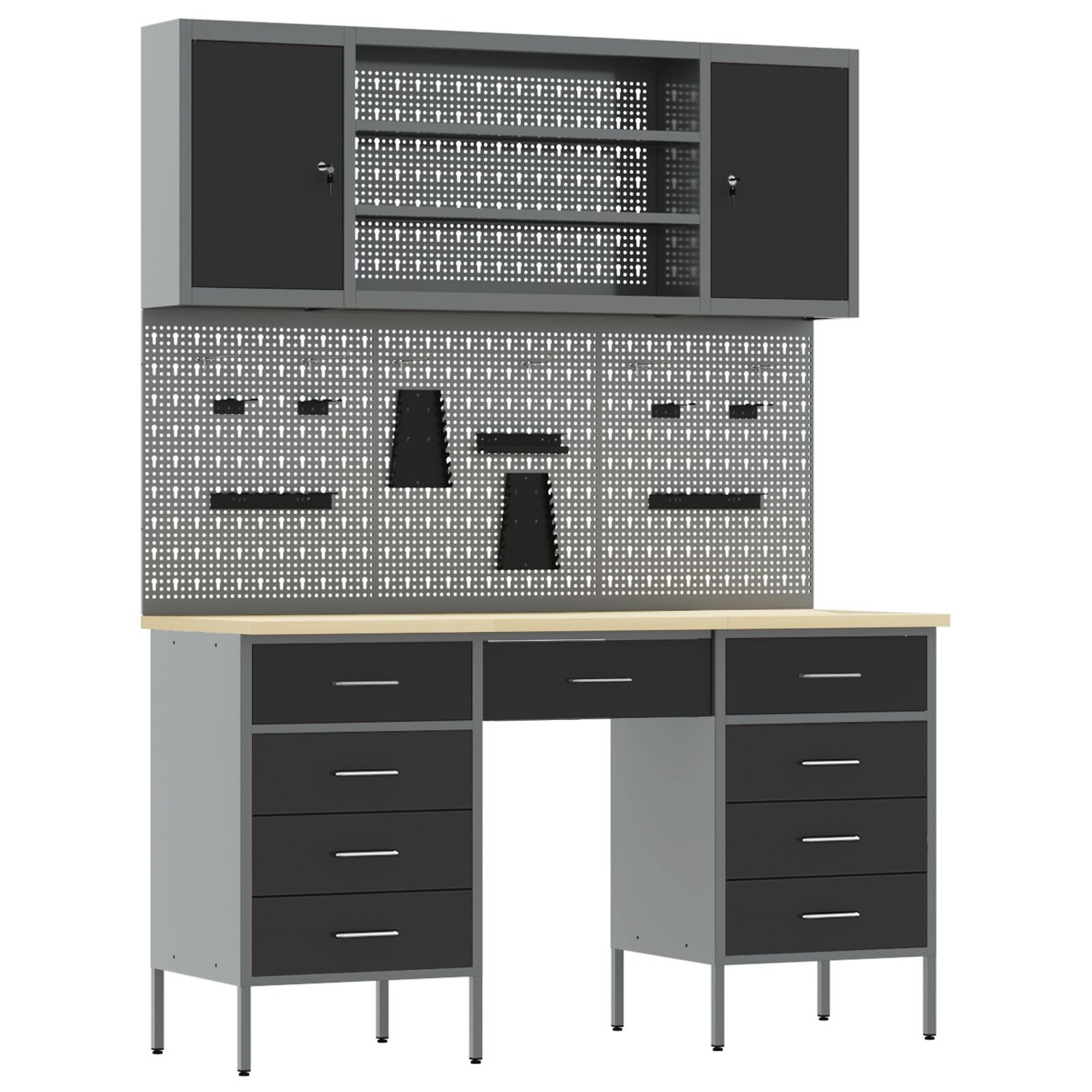 vidaXL Set dulap lucru & panou cârlige, 7 piese, negru, MDF & metal vidaXL Set dulap lucru & panou cârlige, 7 piese, negru, MDF & metal