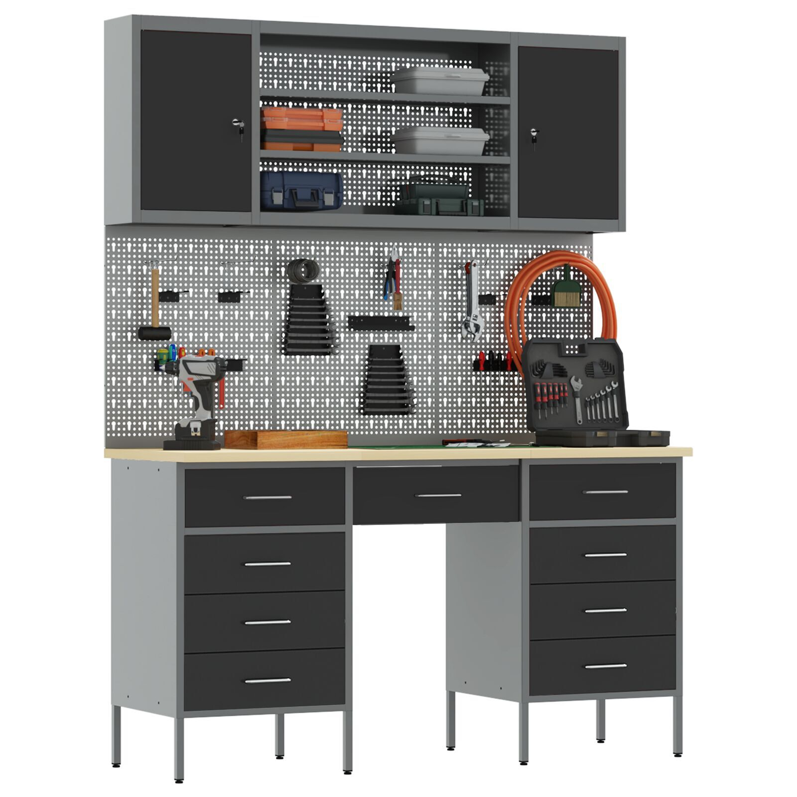 vidaXL Set dulap lucru & panou cârlige, 7 piese, negru, MDF & metal vidaXL Set dulap lucru & panou cârlige, 7 piese, negru, MDF & metal