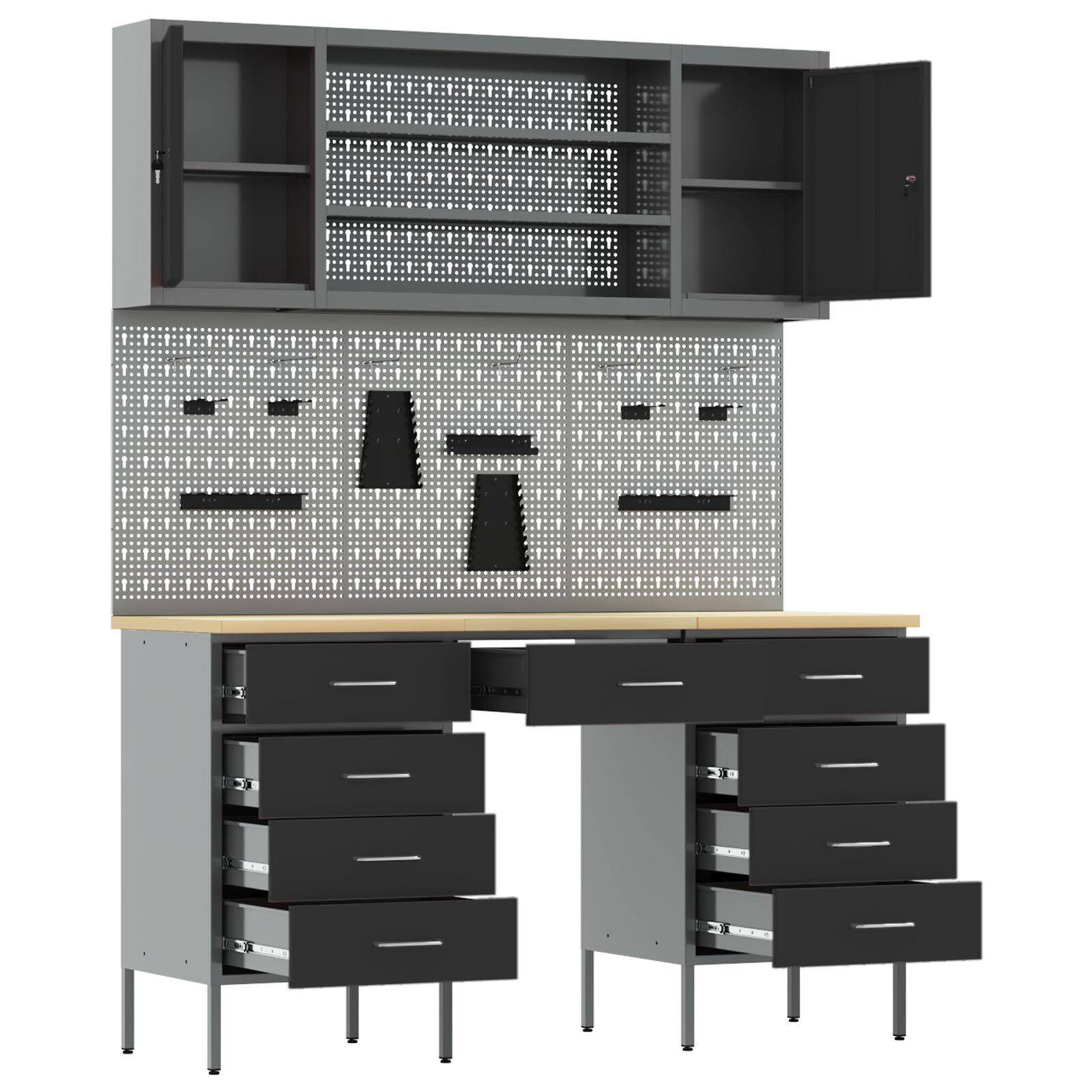 vidaXL Set dulap lucru & panou cârlige, 7 piese, negru, MDF & metal vidaXL Set dulap lucru & panou cârlige, 7 piese, negru, MDF & metal