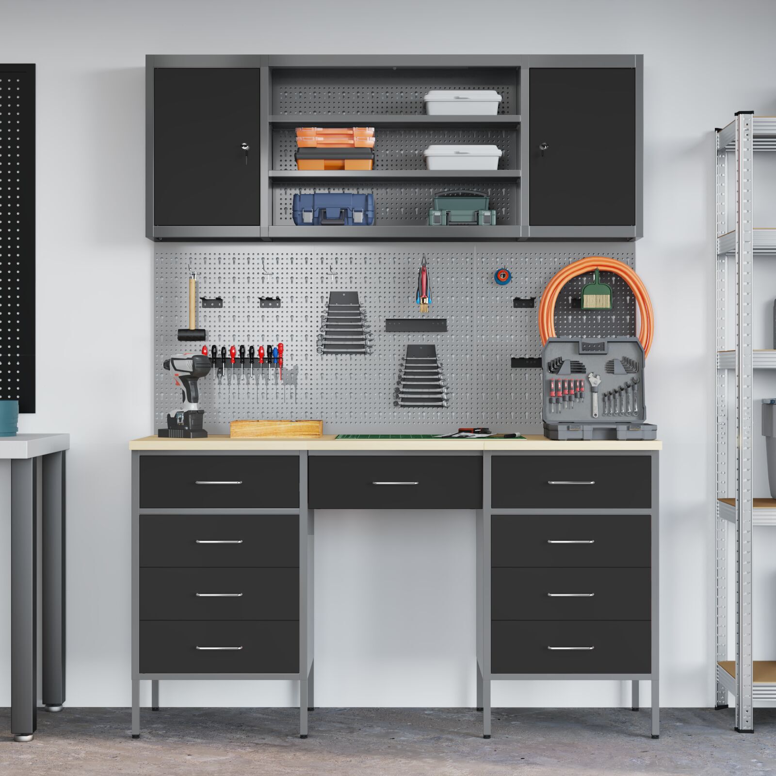 vidaXL Set dulap lucru & panou cârlige, 7 piese, negru, MDF & metal vidaXL Set dulap lucru & panou cârlige, 7 piese, negru, MDF & metal