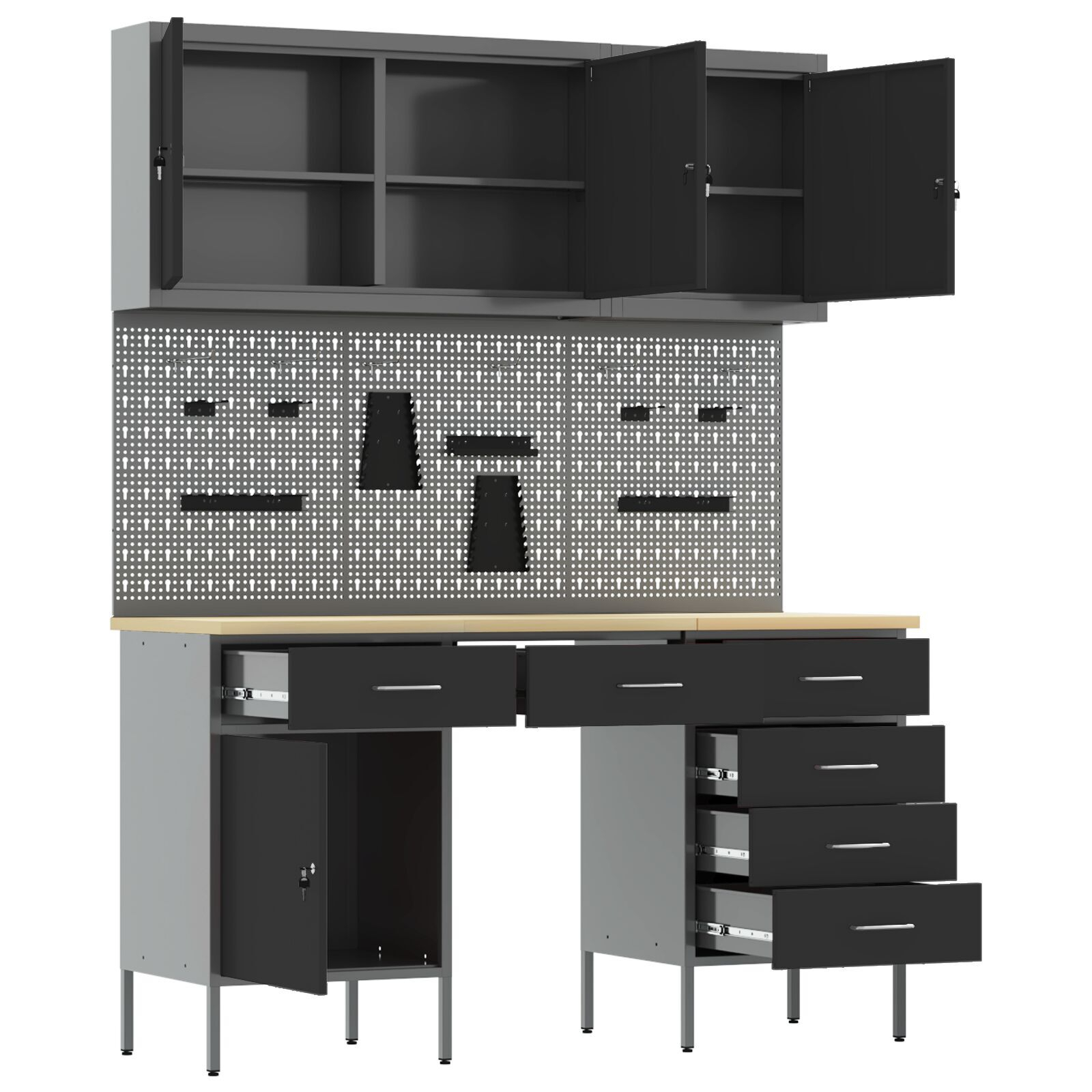 vidaXL Set dulap lucru & panou cârlige, 8 piese, negru, MDF & metal