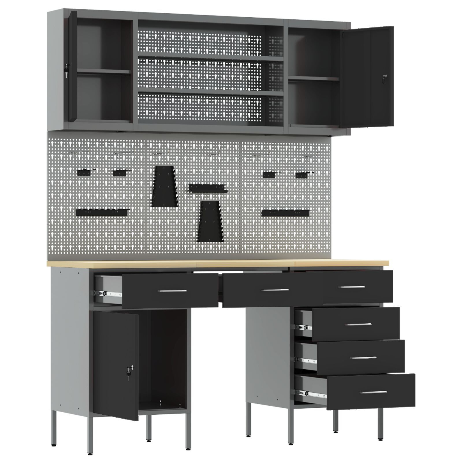 vidaXL Set dulap lucru & panou cârlige, 7 piese, negru, MDF & metal vidaXL Set dulap lucru & panou cârlige, 7 piese, negru, MDF & metal
