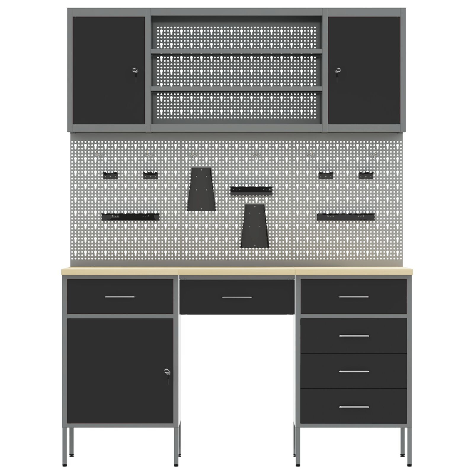 vidaXL Set dulap lucru & panou cârlige, 7 piese, negru, MDF & metal vidaXL Set dulap lucru & panou cârlige, 7 piese, negru, MDF & metal