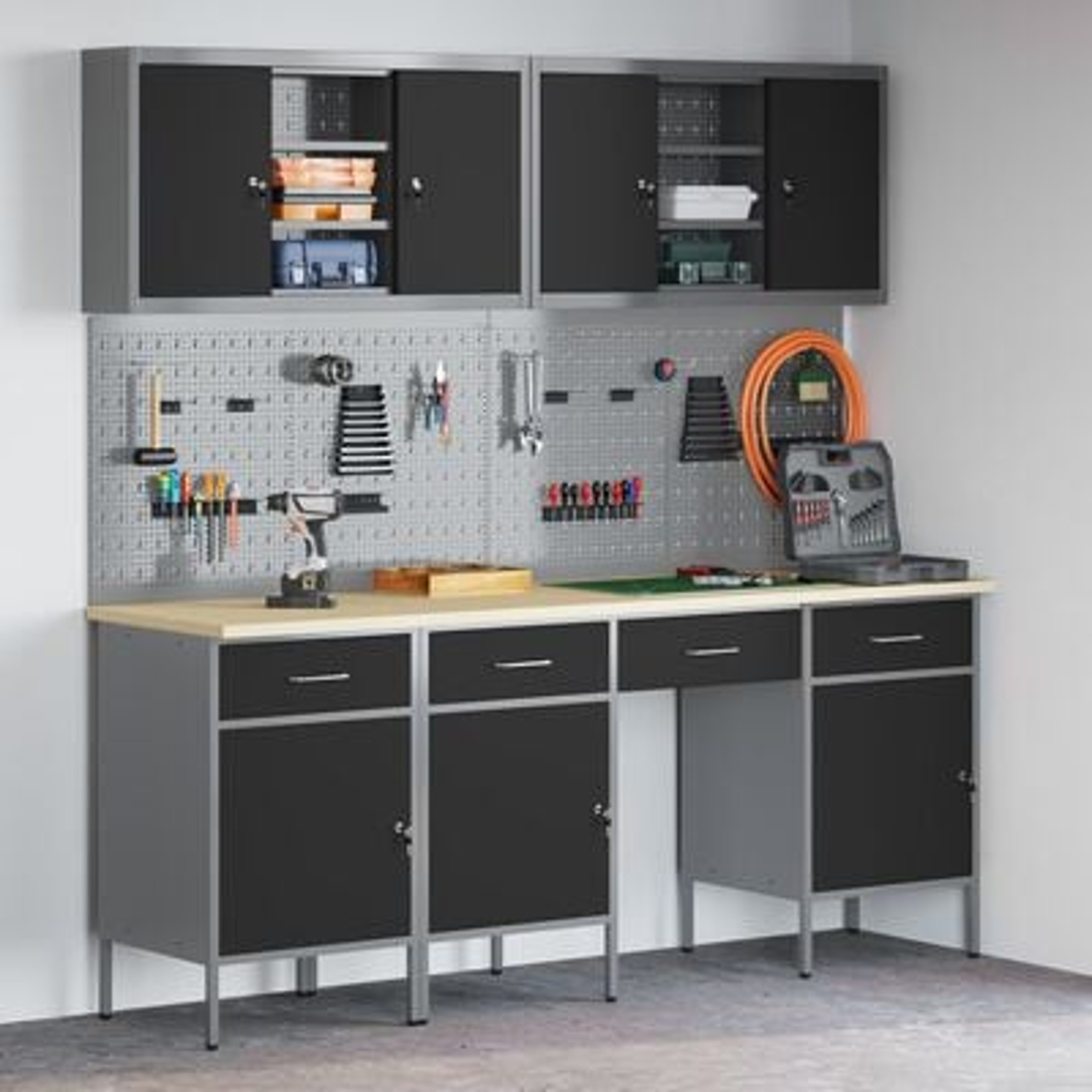 vidaXL Set banc de lucru, 10 piese, negru, oțel