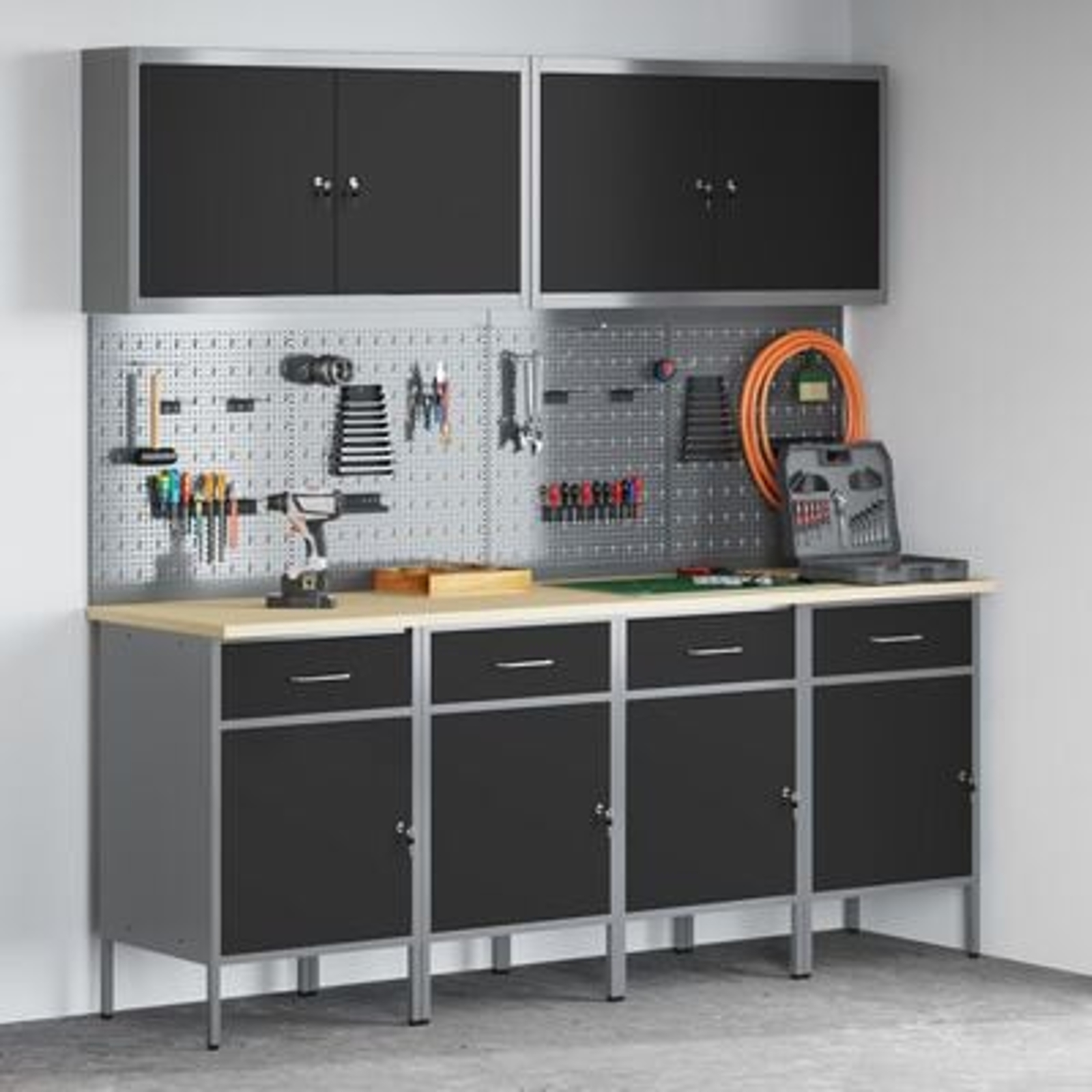 vidaXL Set dulap lucru & panou cârlige, 10 piese, negru, MDF & metal