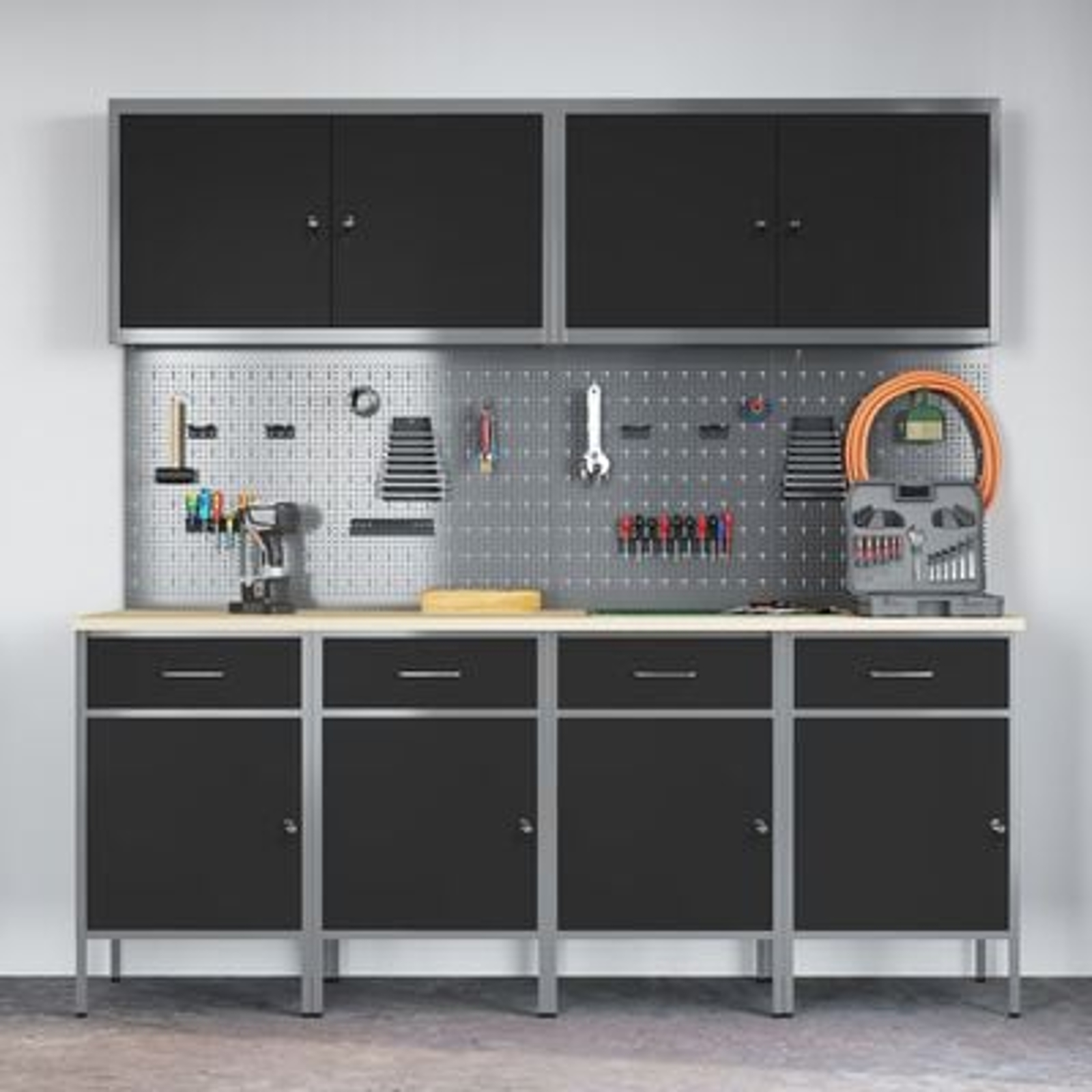 vidaXL Set dulap lucru & panou cârlige, 10 piese, negru, MDF & metal