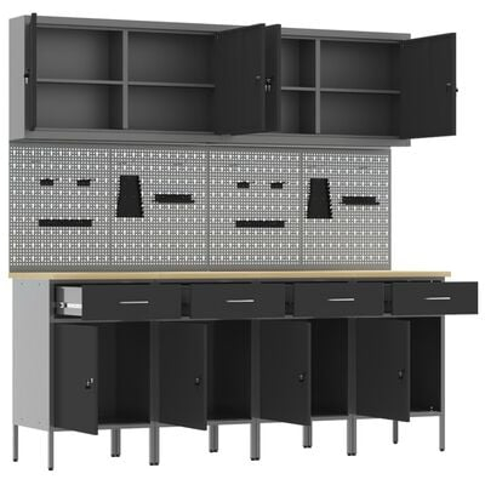 vidaXL Set dulap lucru & panou cârlige, 10 piese, negru, MDF & metal