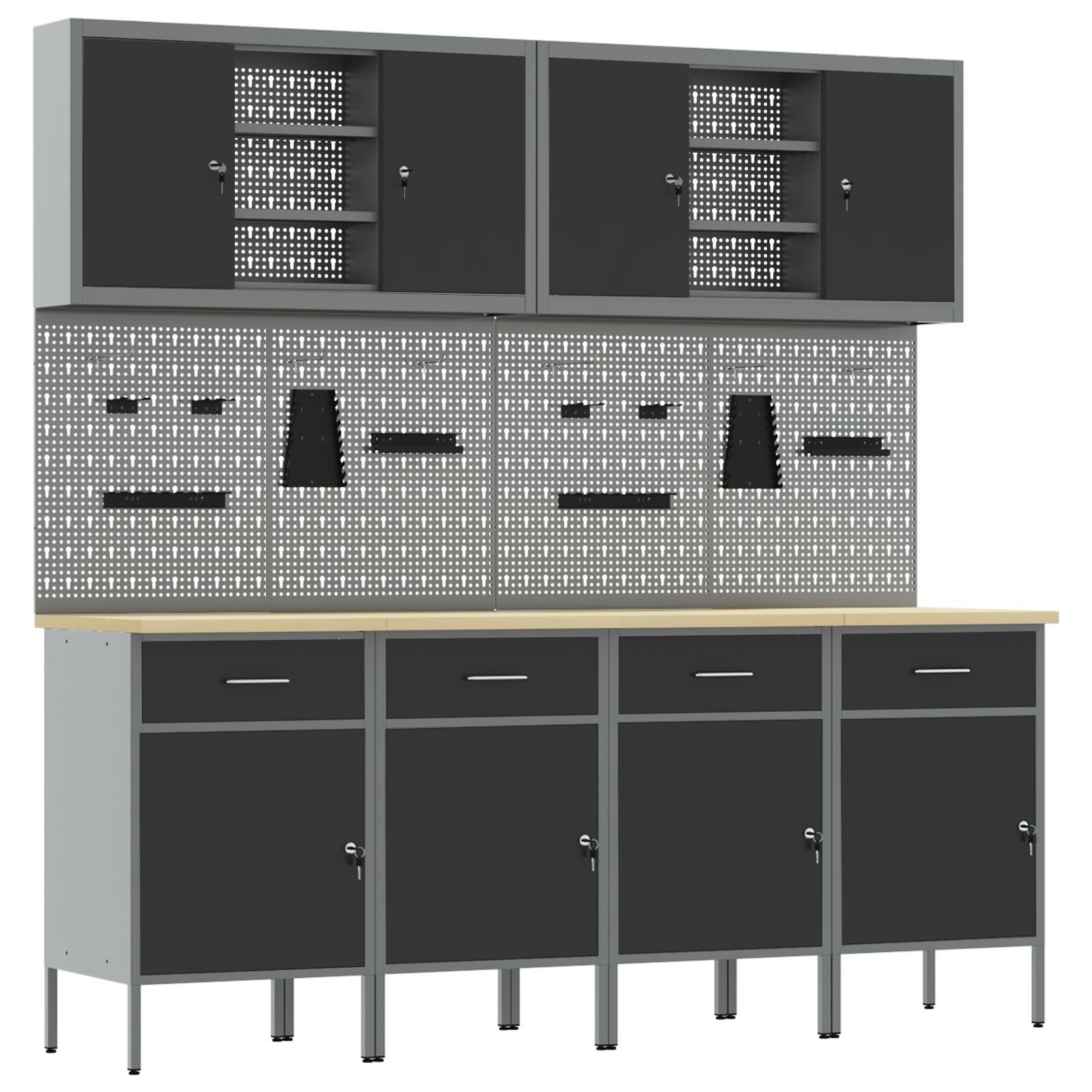 vidaXL Set dulap lucru & panou cârlige, 10 piese, negru, MDF & metal