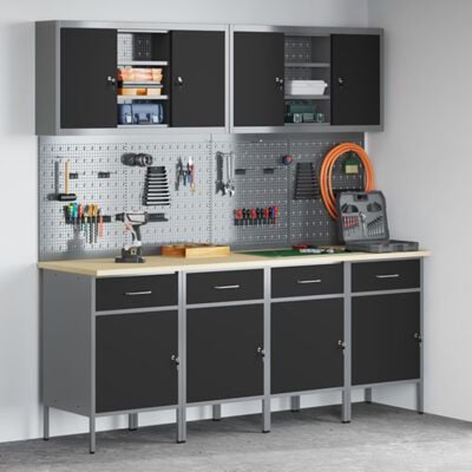 vidaXL Set dulap lucru & panou cârlige, 10 piese, negru, MDF & metal