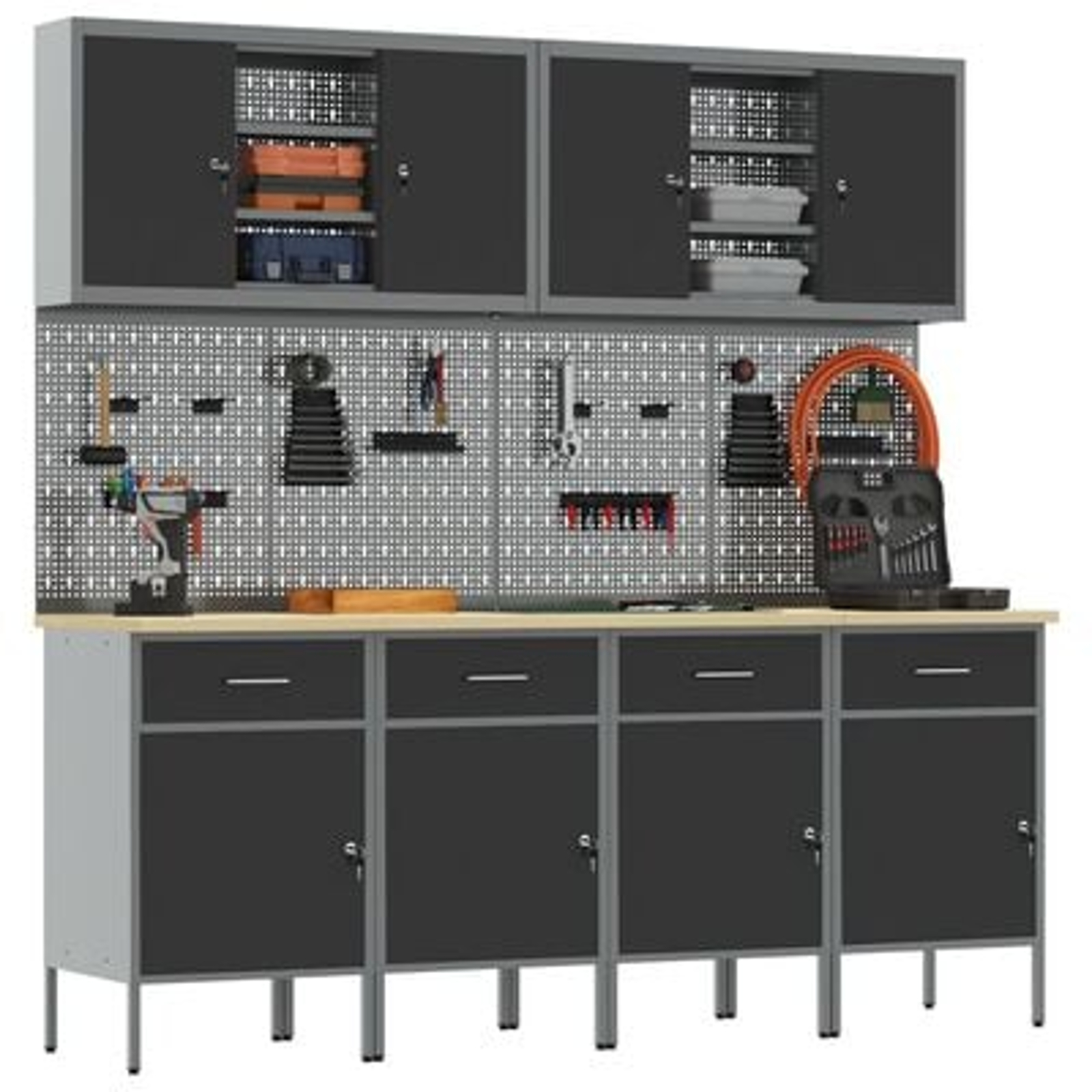vidaXL Set dulap lucru & panou cârlige, 10 piese, negru, MDF & metal