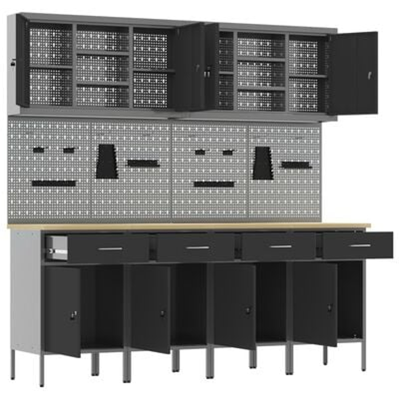 vidaXL Set dulap lucru & panou cârlige, 10 piese, negru, MDF & metal