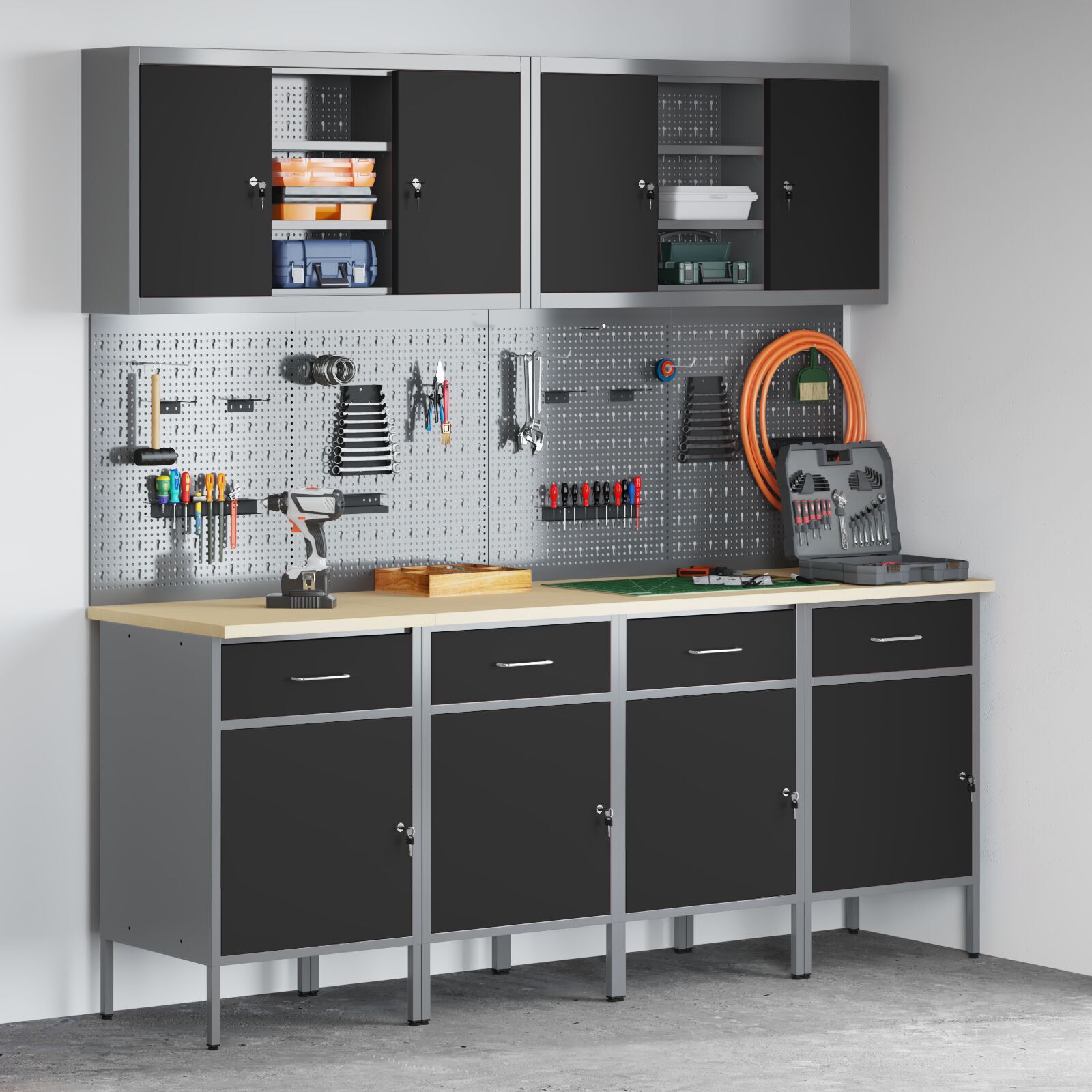vidaXL Set dulap lucru & panou cârlige, 10 piese, negru, MDF & metal