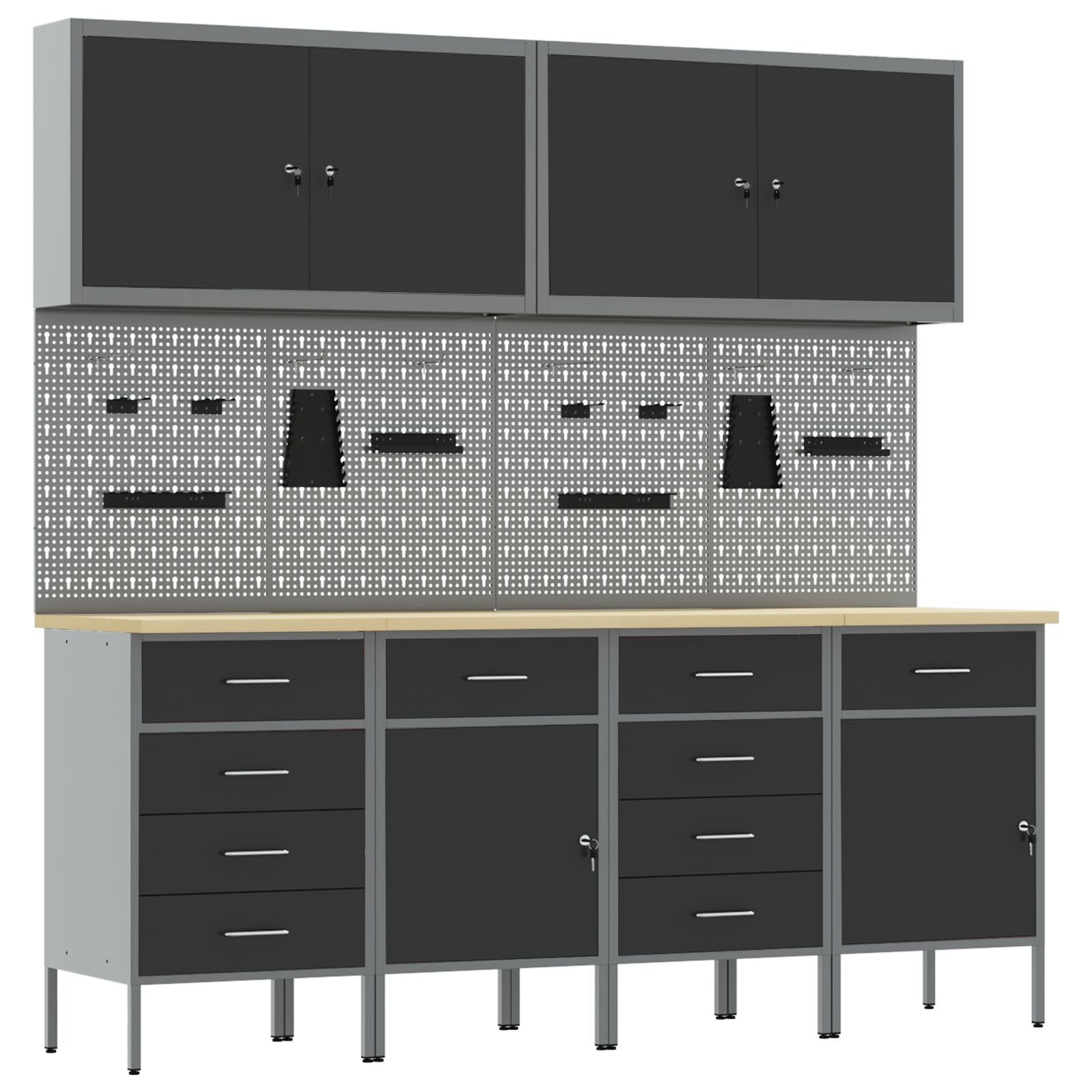 vidaXL Set dulap lucru & panou cârlige, 10 piese, negru, MDF & metal