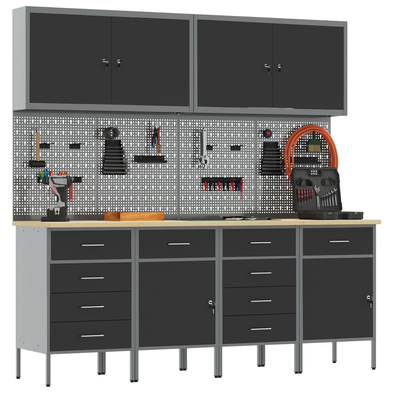 vidaXL Set dulap lucru & panou cârlige, 10 piese, negru, MDF & metal