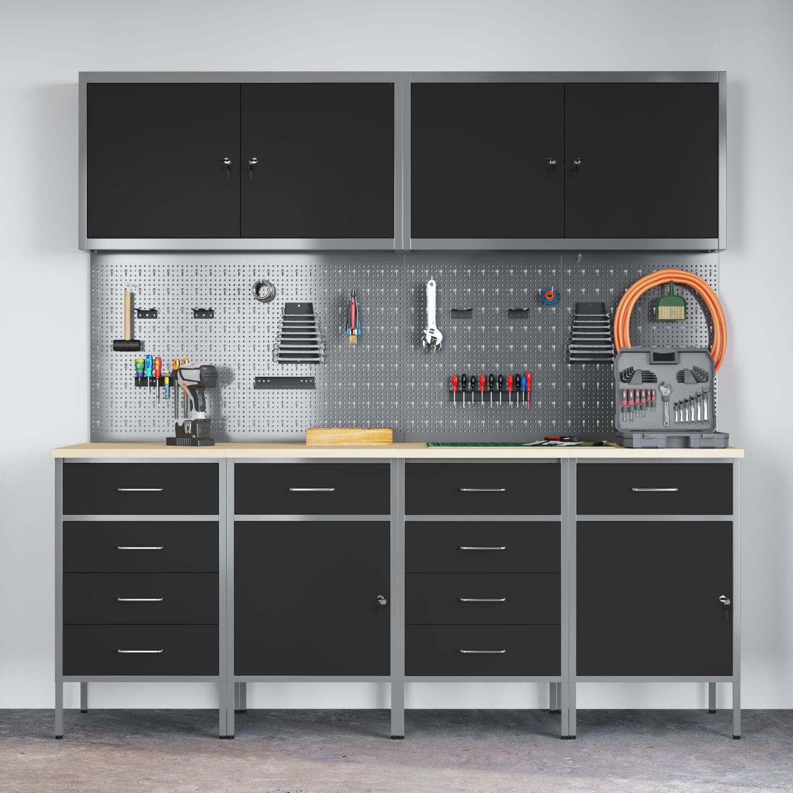 vidaXL Set dulap lucru & panou cârlige, 10 piese, negru, MDF & metal