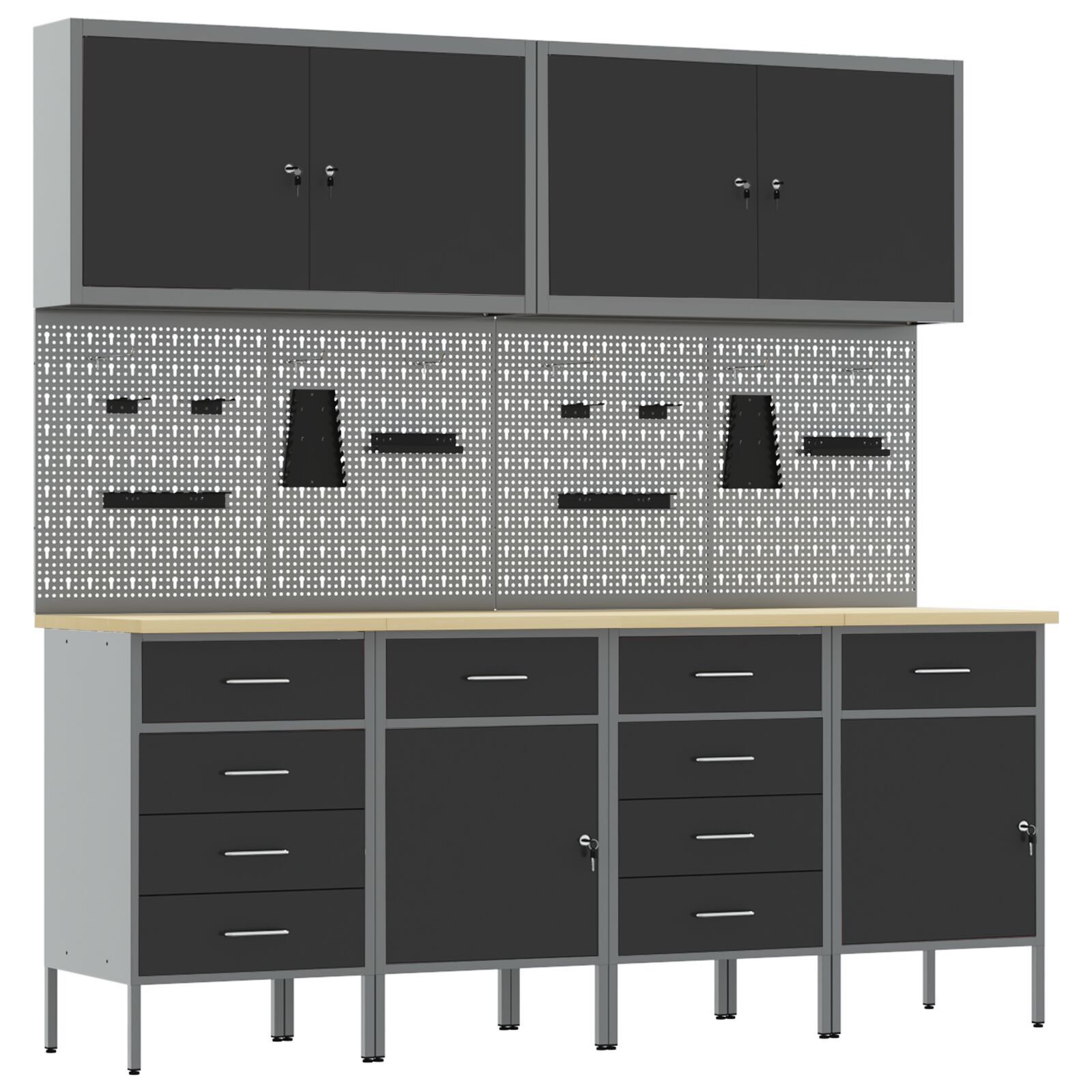 vidaXL Set dulap lucru & panou cârlige, 10 piese, negru, MDF & metal