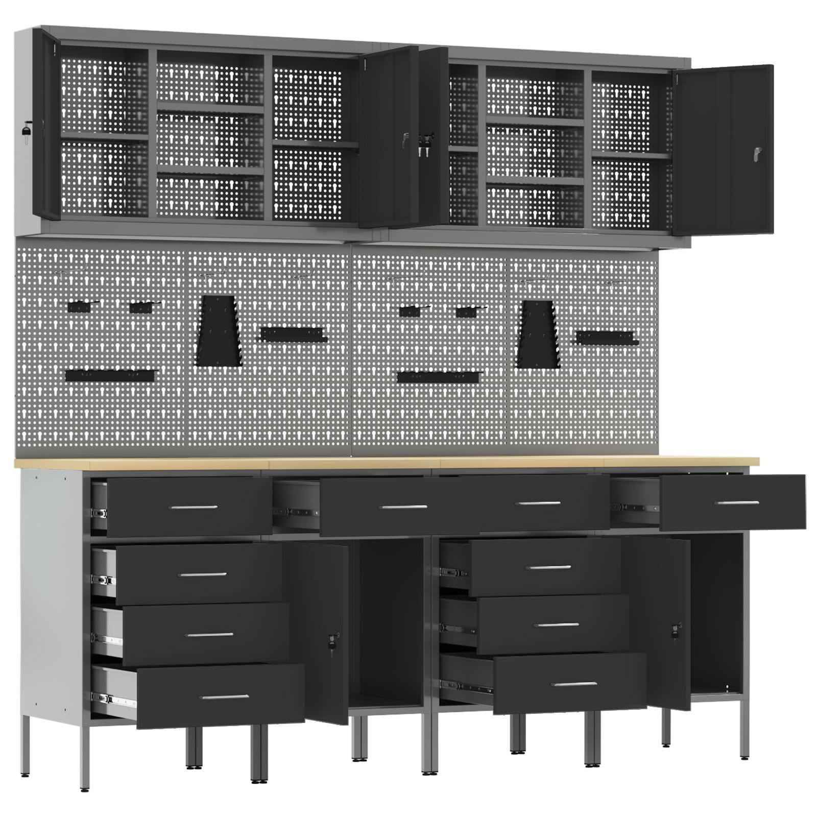 vidaXL Set dulap lucru & panou cârlige, 10 piese, negru, MDF & metal