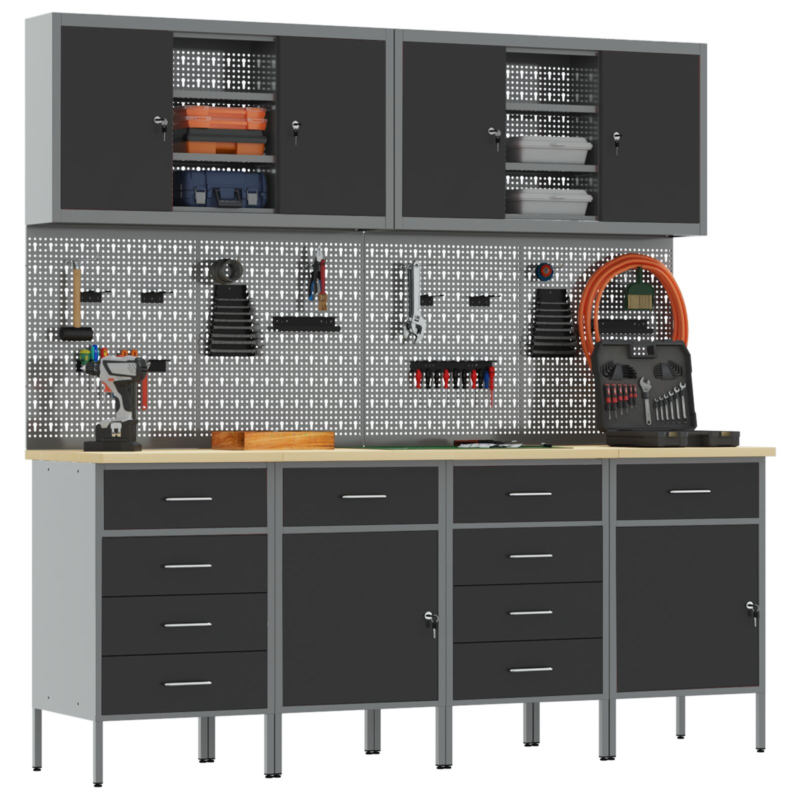 vidaXL Set dulap lucru & panou cârlige, 10 piese, negru, MDF & metal vidaXL Set dulap lucru & panou cârlige, 10 piese, negru, MDF & metal