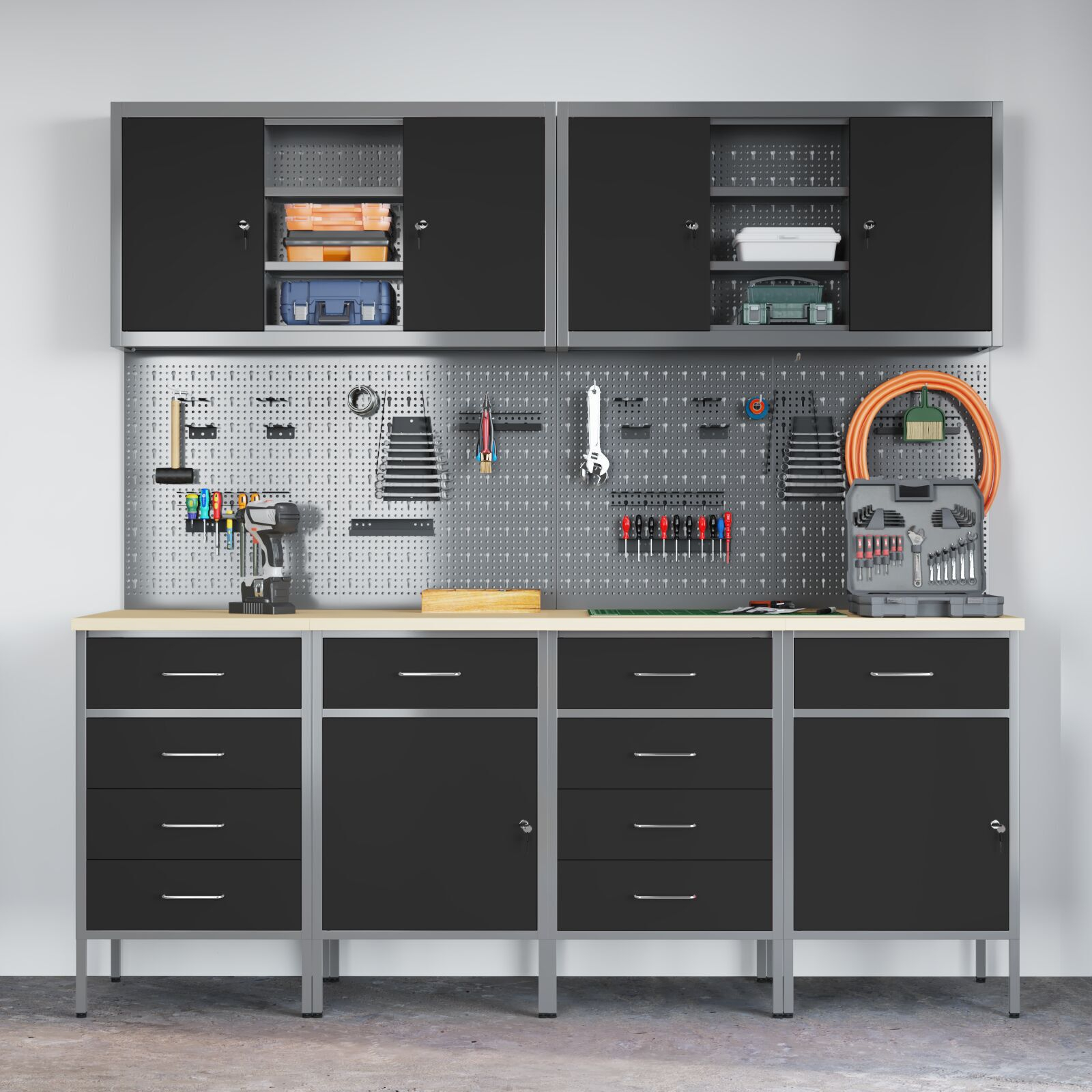 vidaXL Set dulap lucru & panou cârlige, 10 piese, negru, MDF & metal vidaXL Set dulap lucru & panou cârlige, 10 piese, negru, MDF & metal
