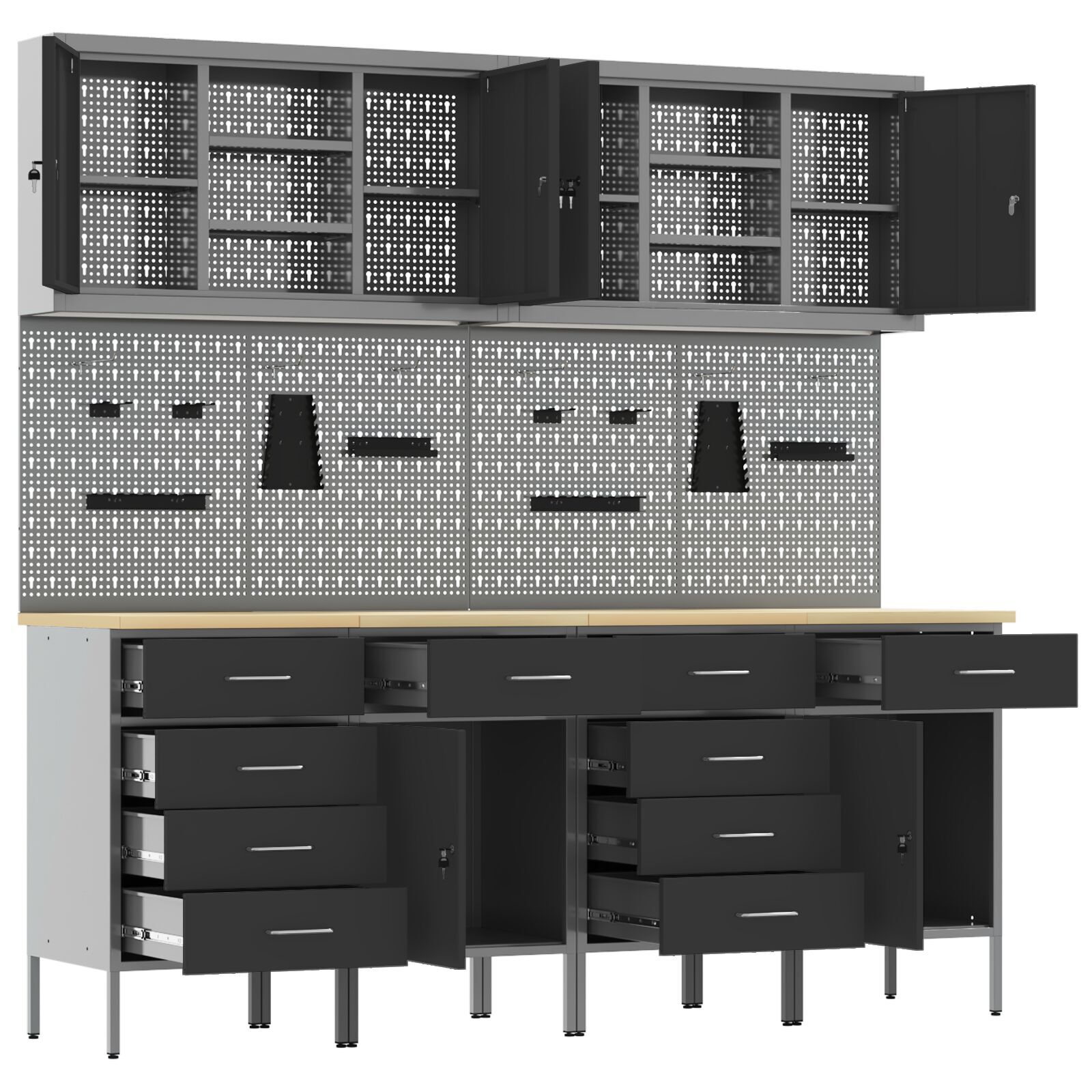 vidaXL Set dulap lucru & panou cârlige, 10 piese, negru, MDF & metal vidaXL Set dulap lucru & panou cârlige, 10 piese, negru, MDF & metal