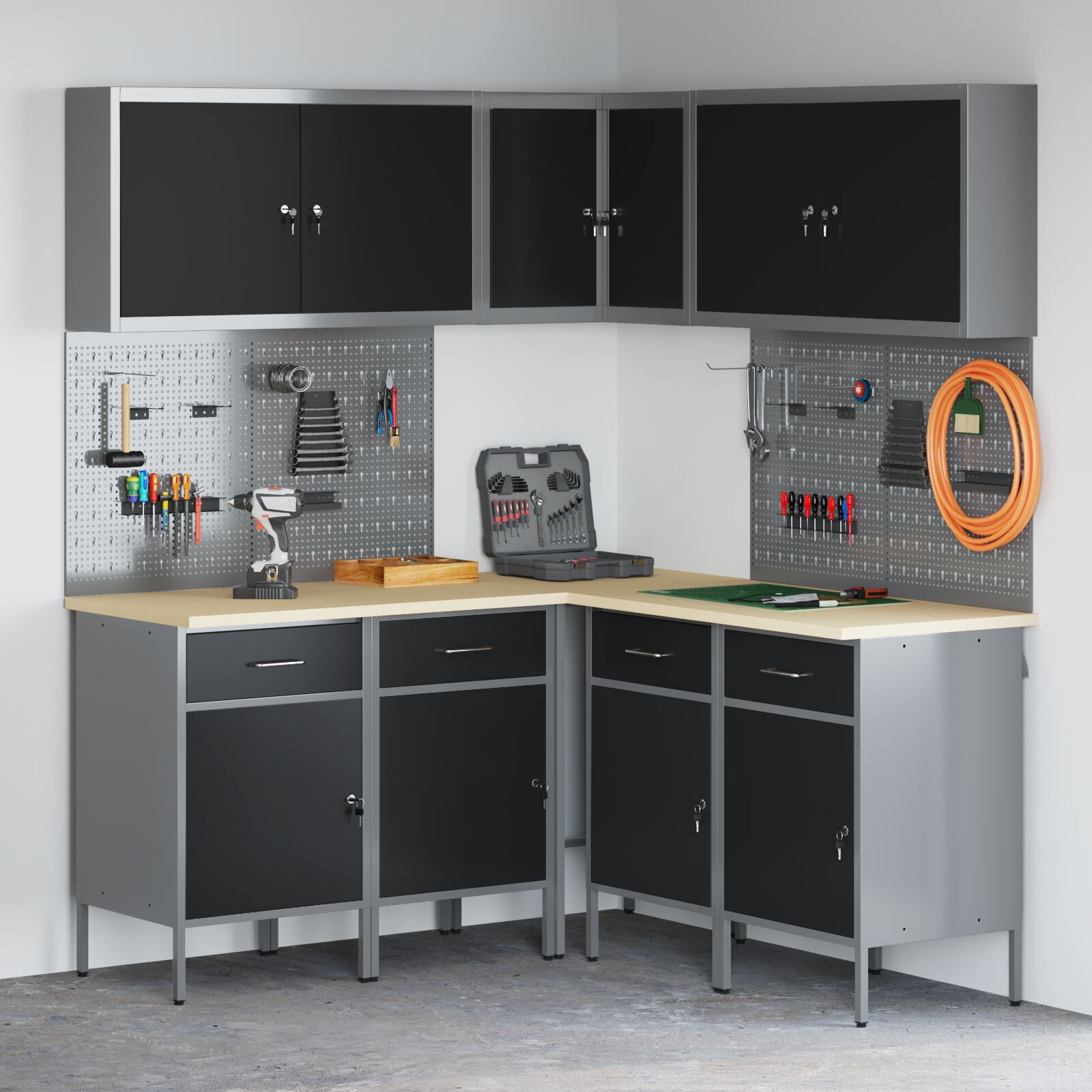 vidaXL Set dulap lucru & panou cârlige, 12 piese, negru, MDF & metal vidaXL Set dulap lucru & panou cârlige, 12 piese, negru, MDF & metal