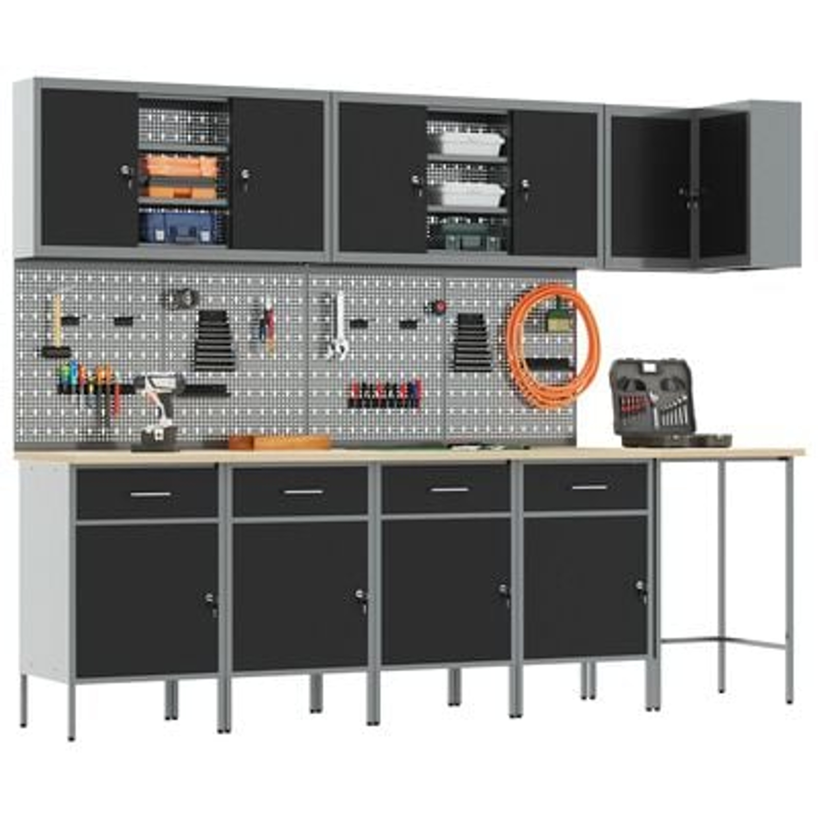 vidaXL Set dulap lucru & panou cârlige, 12 piese, negru, MDF & metal vidaXL Set dulap lucru & panou cârlige, 12 piese, negru, MDF & metal