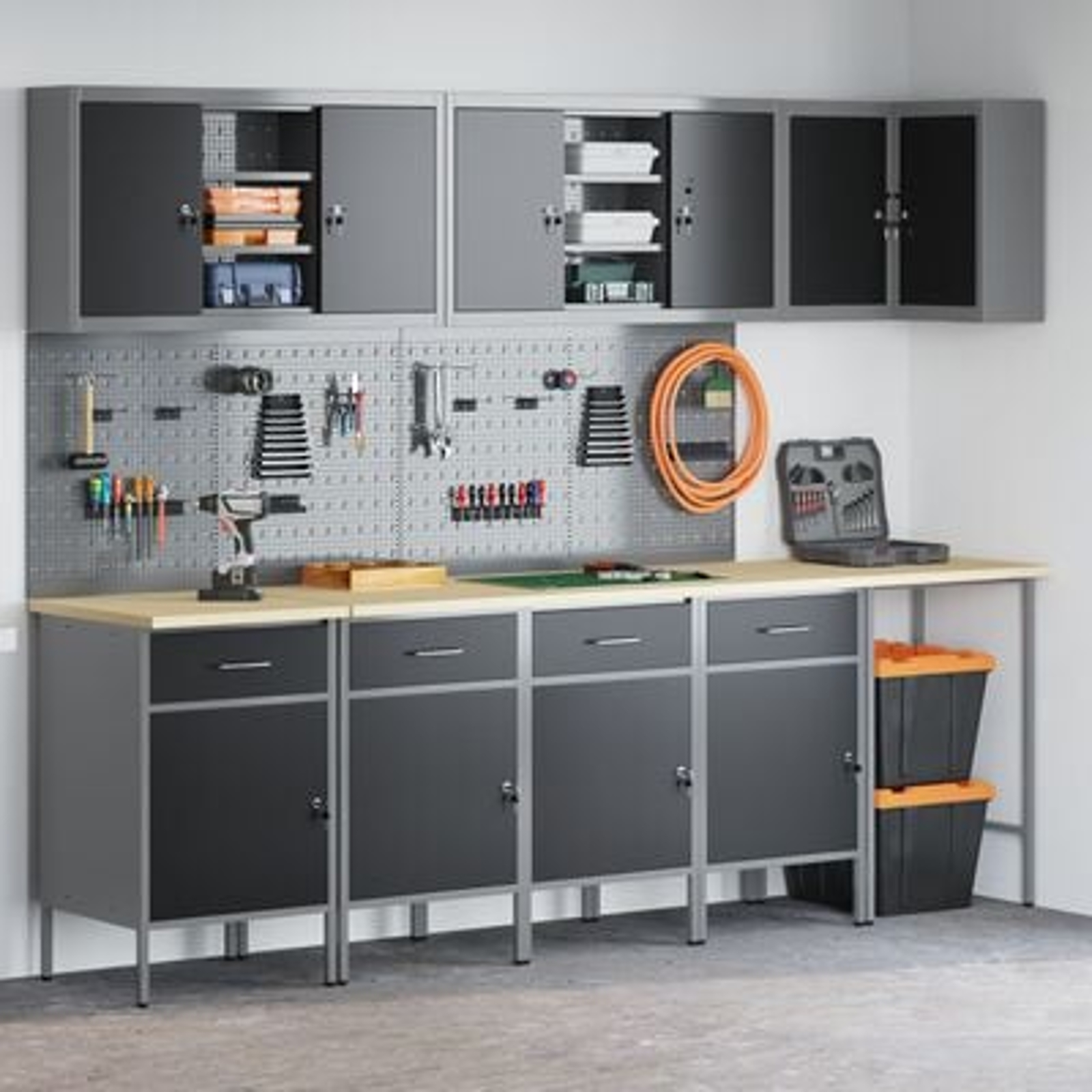 vidaXL Set dulap lucru & panou cârlige, 12 piese, negru, MDF & metal vidaXL Set dulap lucru & panou cârlige, 12 piese, negru, MDF & metal