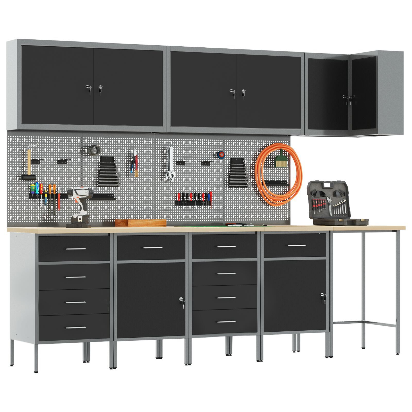 vidaXL Set dulap lucru & panou cârlige, 12 piese, negru, MDF & metal vidaXL Set dulap lucru & panou cârlige, 12 piese, negru, MDF & metal