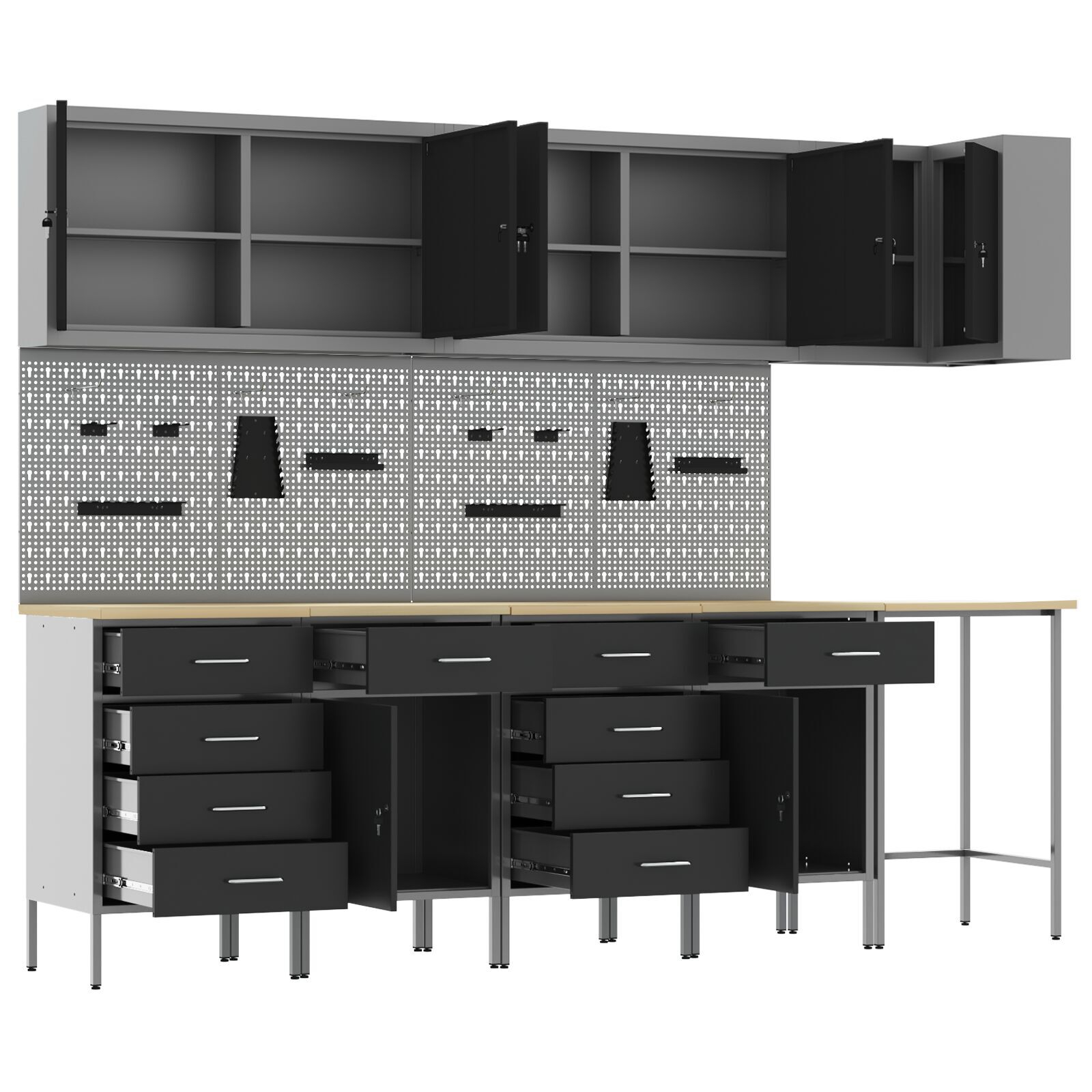 vidaXL Set dulap lucru & panou cârlige, 12 piese, negru, MDF & metal vidaXL Set dulap lucru & panou cârlige, 12 piese, negru, MDF & metal