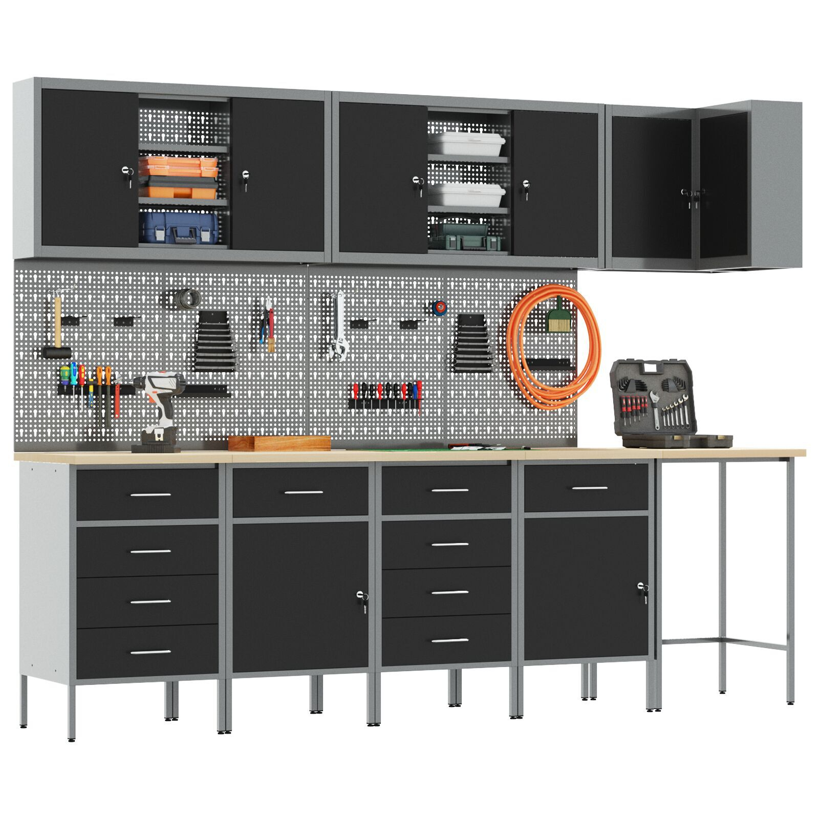 vidaXL Set dulap unelte & panou cârlige, 12 piese, negru, MDF & metal vidaXL Set dulap unelte & panou cârlige, 12 piese, negru, MDF & metal