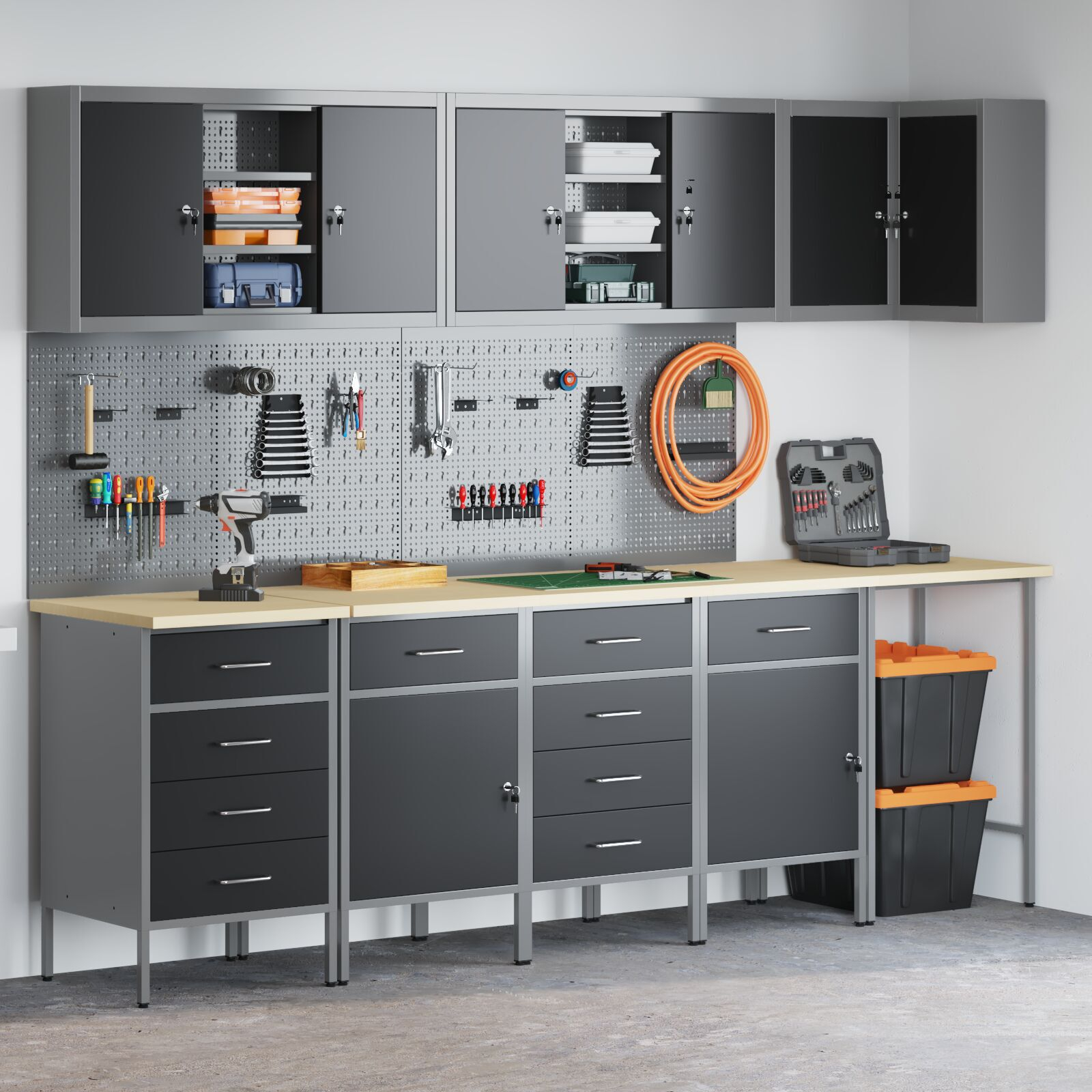 vidaXL Set dulap unelte & panou cârlige, 12 piese, negru, MDF & metal vidaXL Set dulap unelte & panou cârlige, 12 piese, negru, MDF & metal