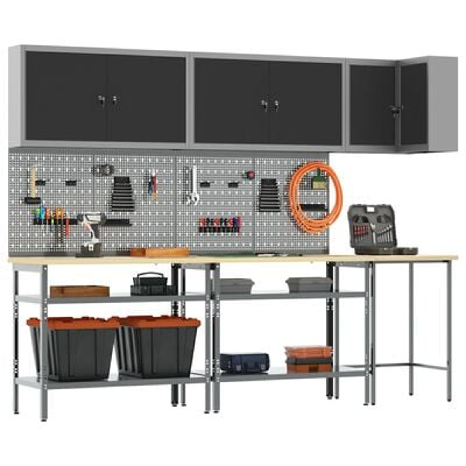 vidaXL Set masă depozitare de unelte, 10 piese, negru, lemn și metal vidaXL Set masă depozitare de unelte, 10 piese, negru, lemn și metal