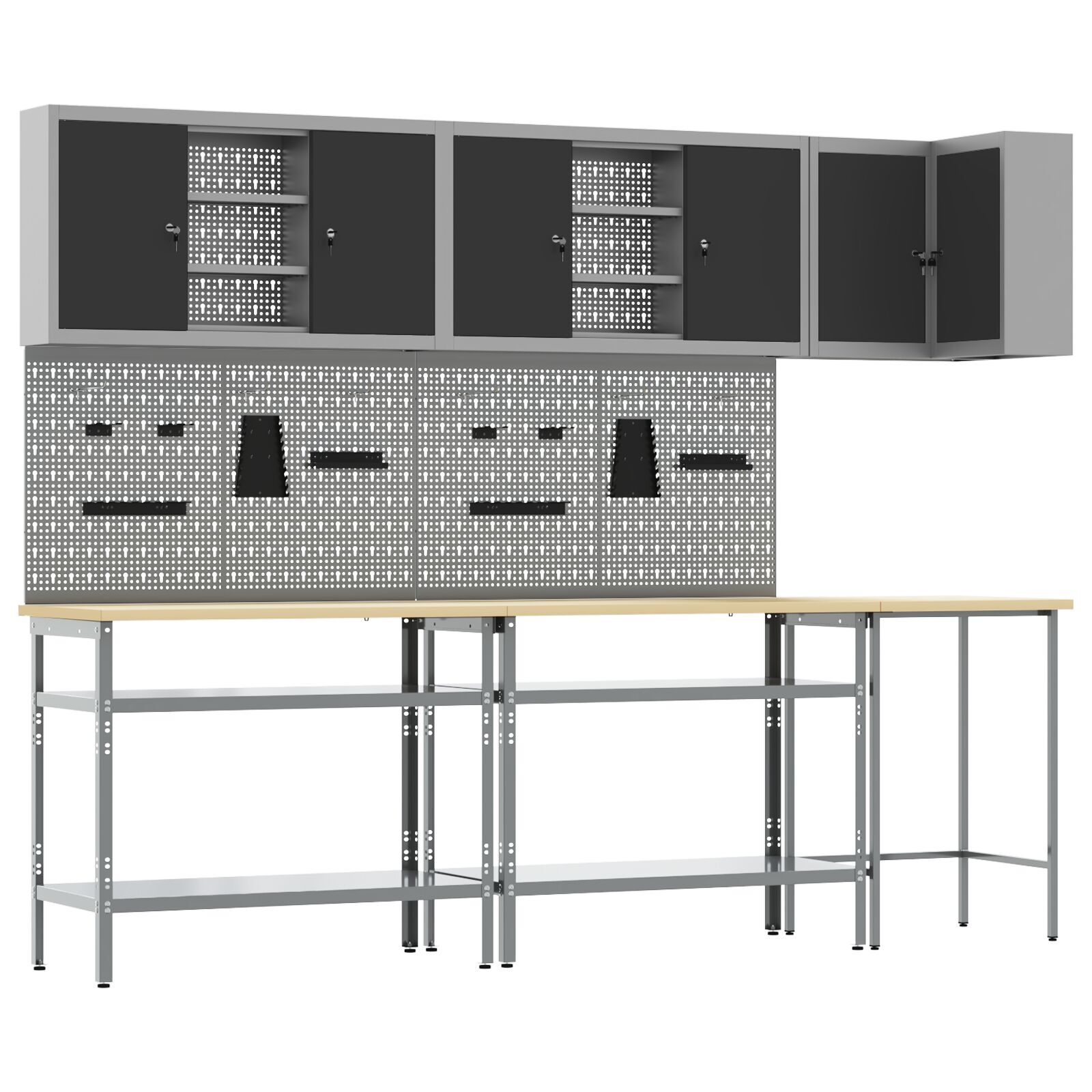 vidaXL Set masă depozitare de unelte, 10 piese, negru, lemn și metal