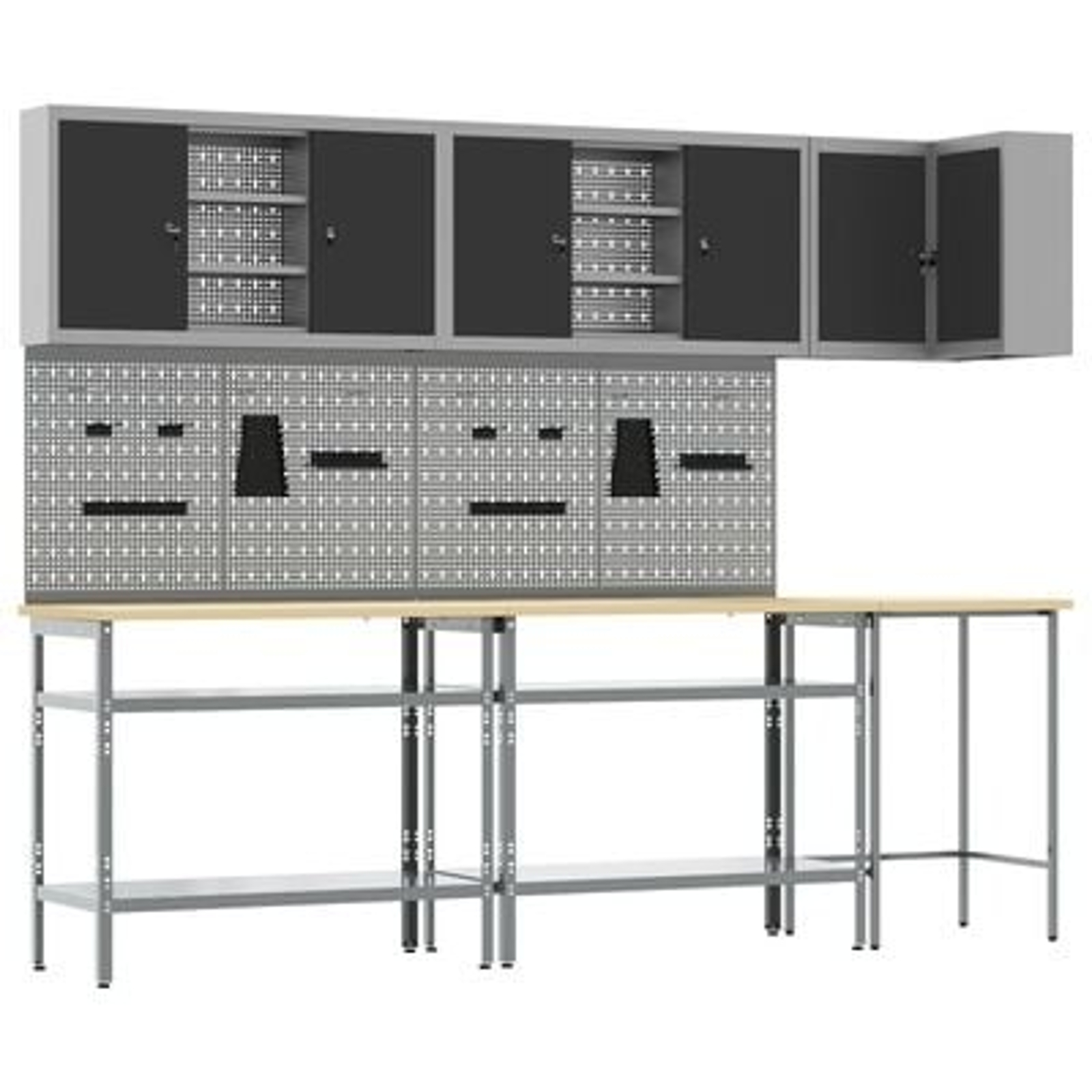 vidaXL Set masă depozitare de unelte, 10 piese, negru, lemn și metal