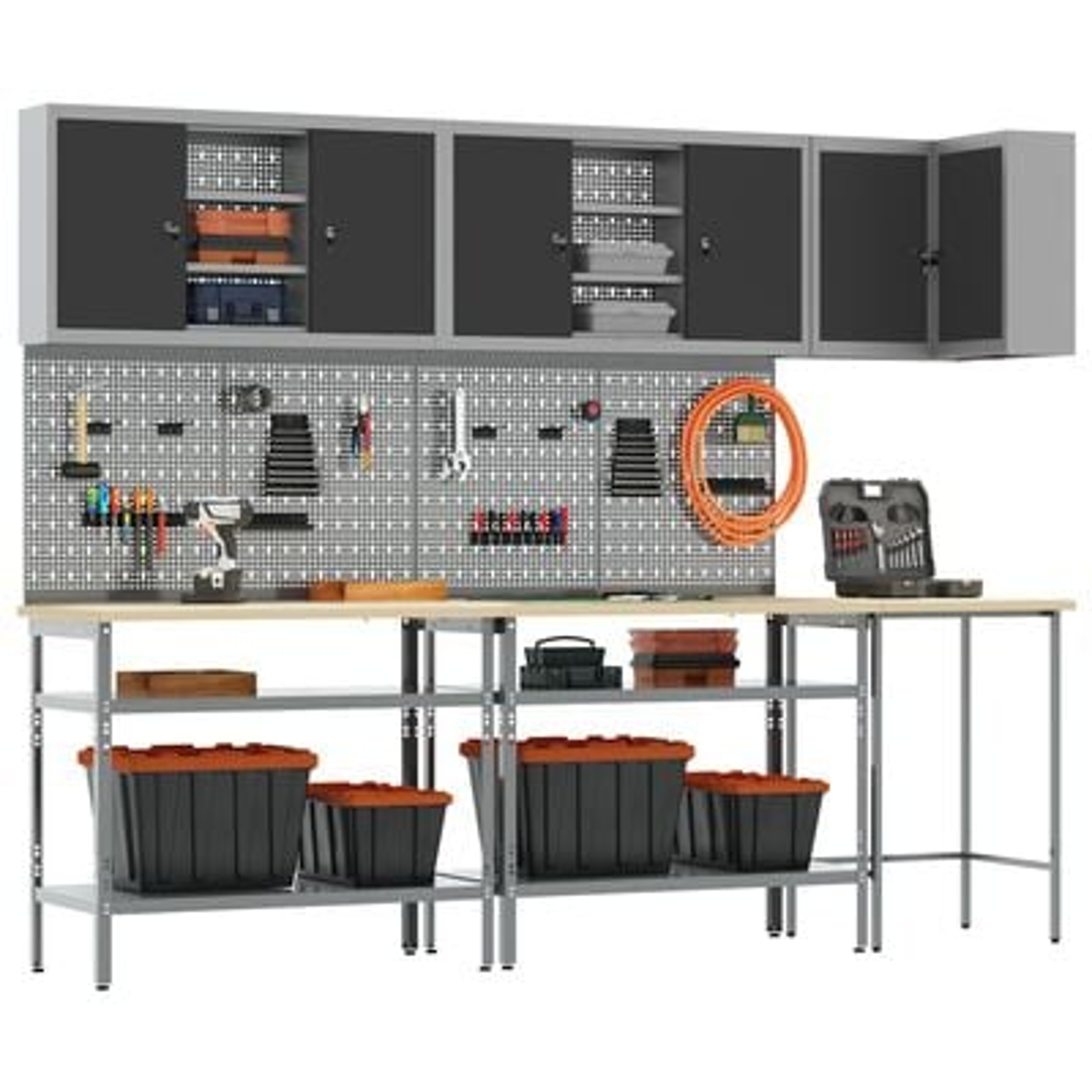 vidaXL Set masă depozitare de unelte, 10 piese, negru, lemn și metal