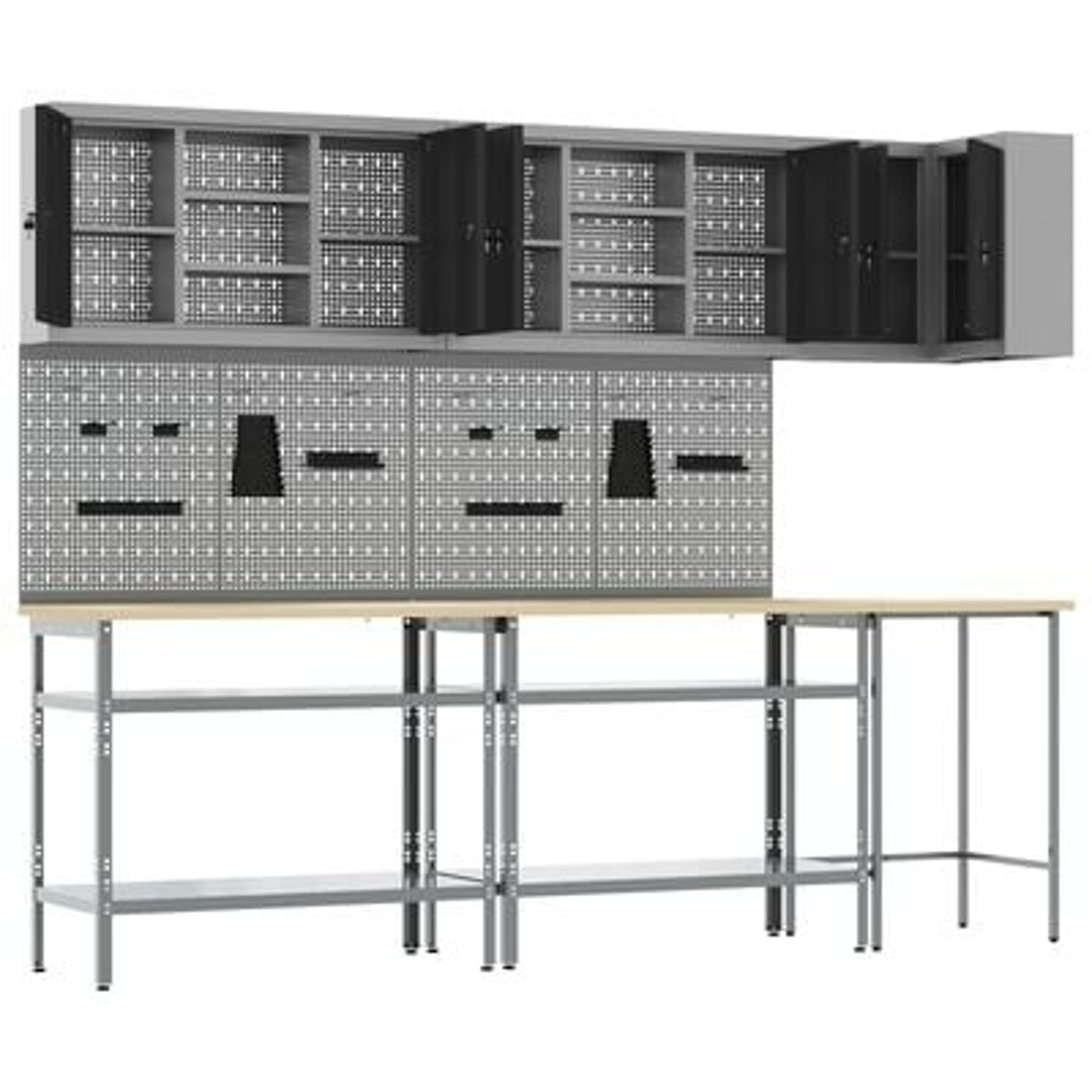 vidaXL Set masă depozitare de unelte, 10 piese, negru, lemn și metal