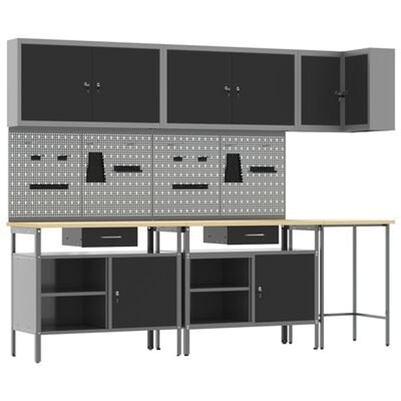 vidaXL Set masă depozitare de unelte, 10 piese, negru, lemn și metal vidaXL Set masă depozitare de unelte, 10 piese, negru, lemn și metal