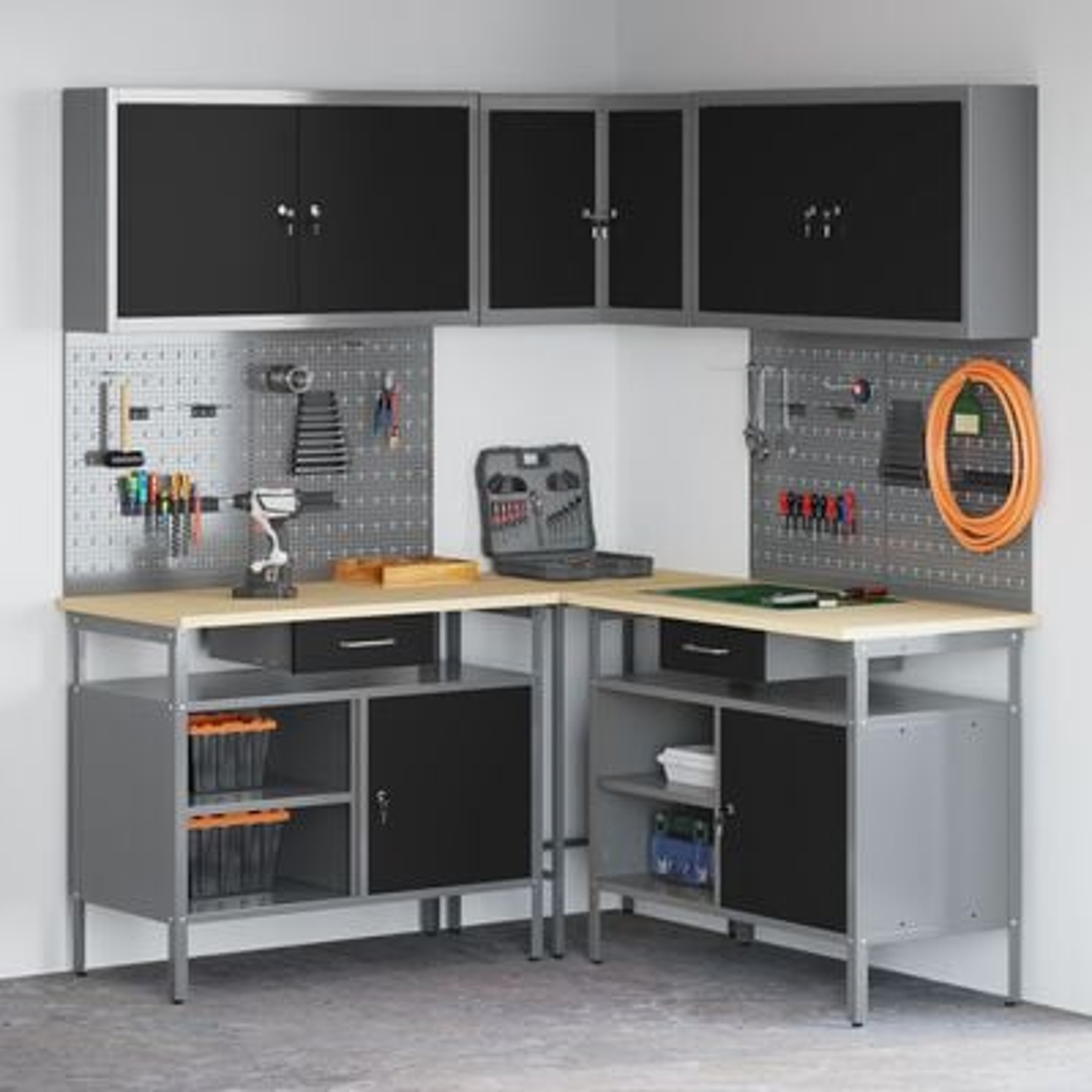vidaXL Set masă depozitare de unelte, 10 piese, negru, lemn și metal vidaXL Set masă depozitare de unelte, 10 piese, negru, lemn și metal