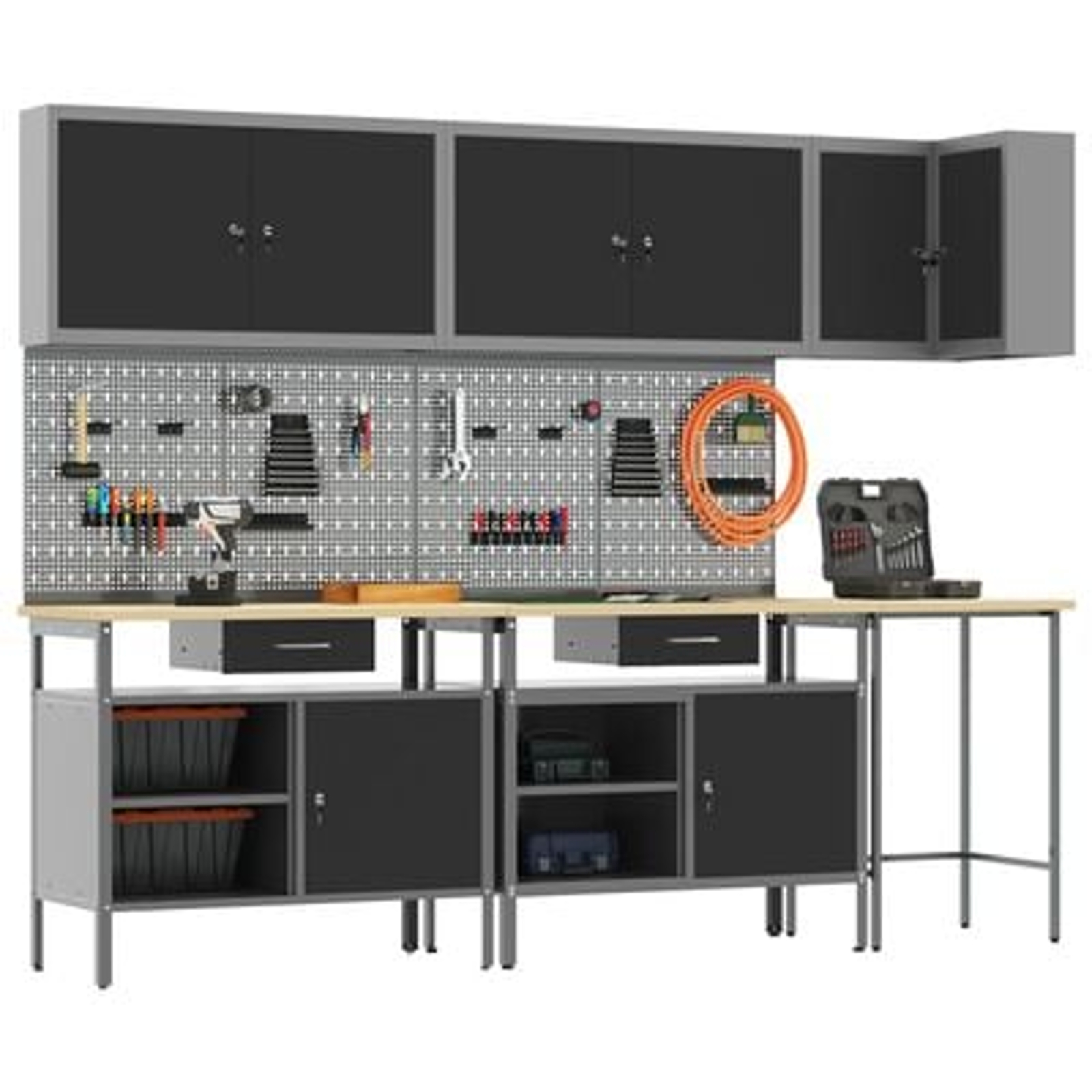 vidaXL Set masă depozitare de unelte, 10 piese, negru, lemn și metal vidaXL Set masă depozitare de unelte, 10 piese, negru, lemn și metal