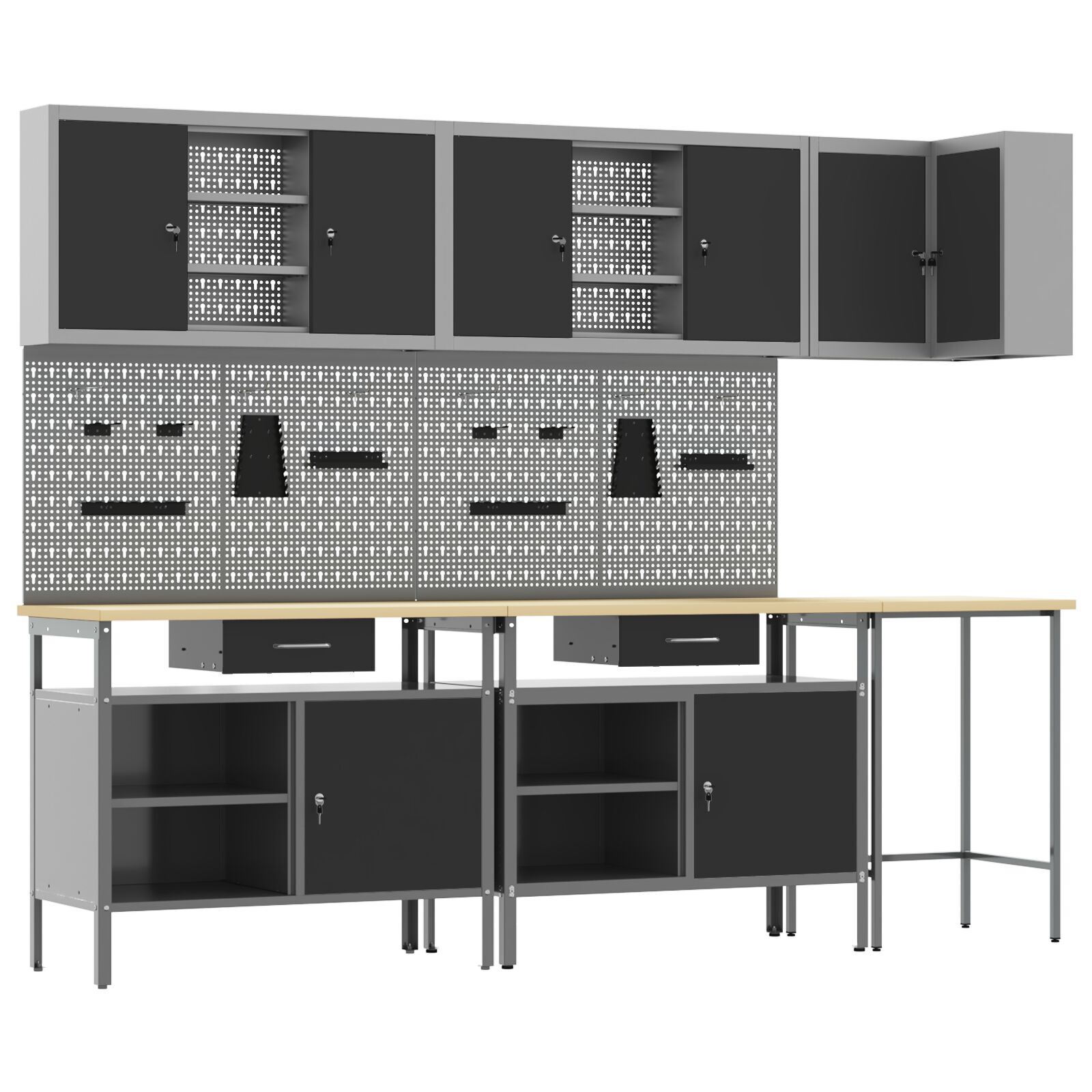 vidaXL Set masă depozitare de unelte, 10 piese, negru, lemn și metal